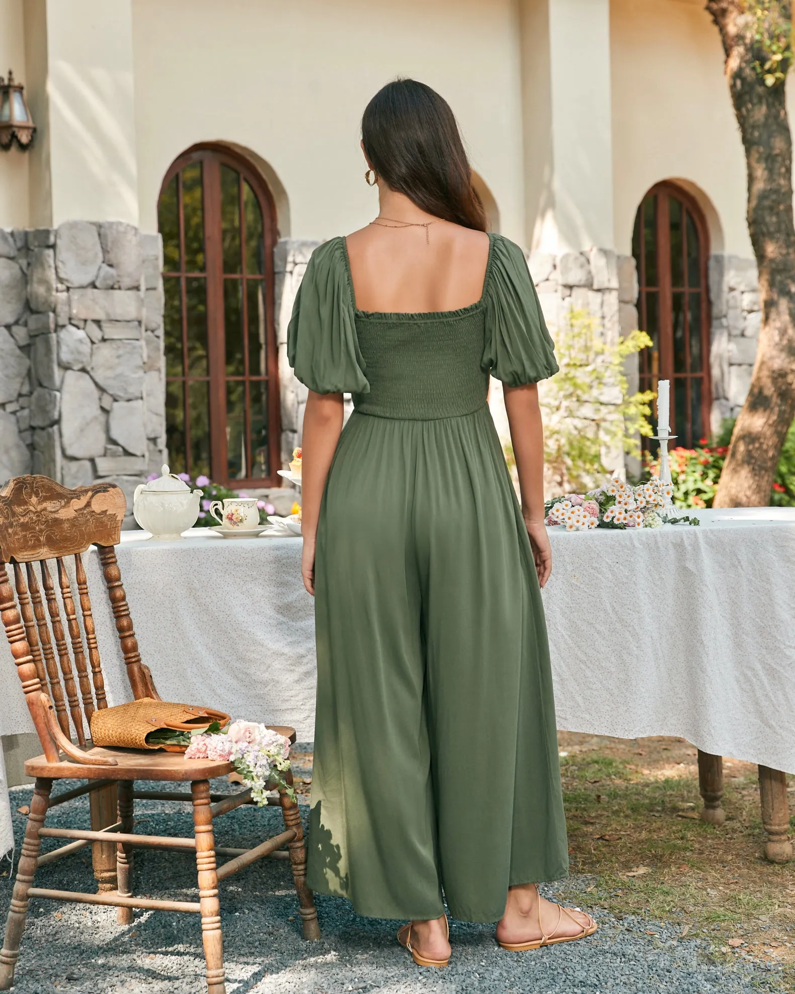 Giselle Khaki Green Puff Sleeve Jumpsuit