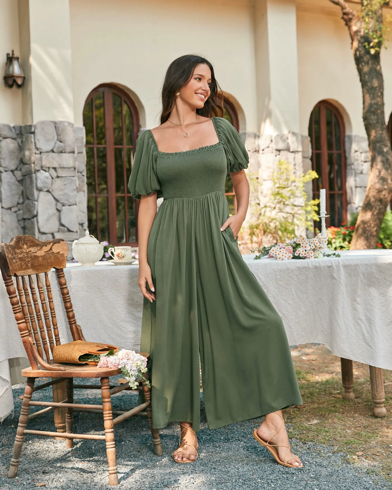 Giselle Khaki Green Puff Sleeve Jumpsuit