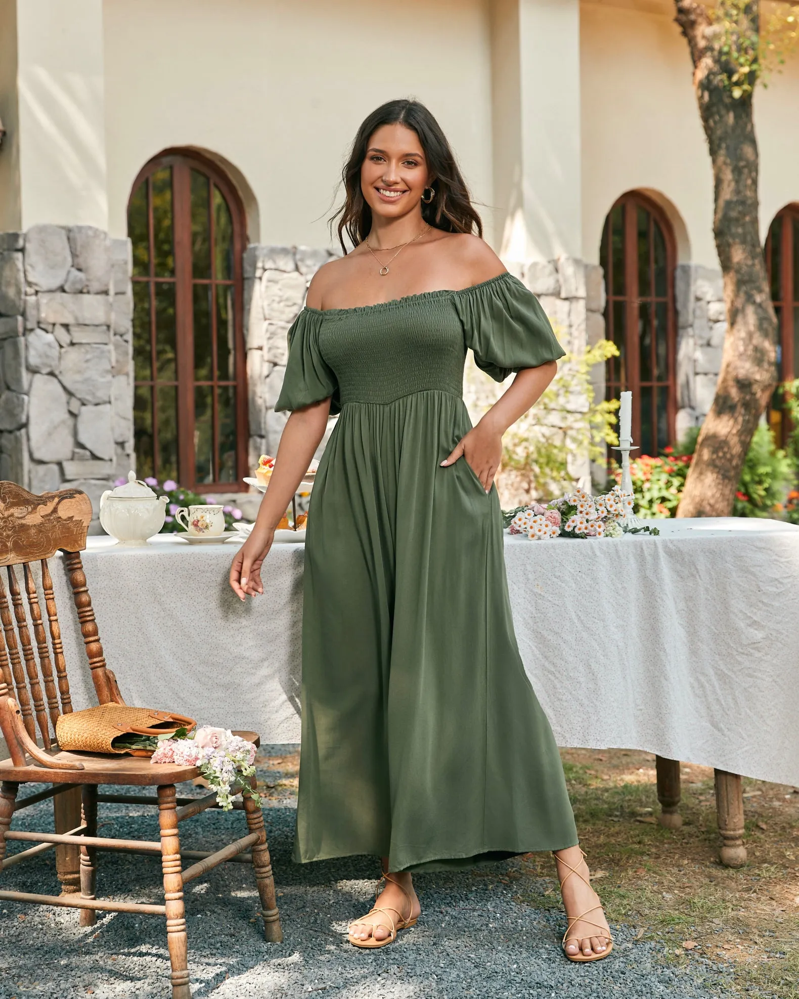 Giselle Khaki Green Puff Sleeve Jumpsuit