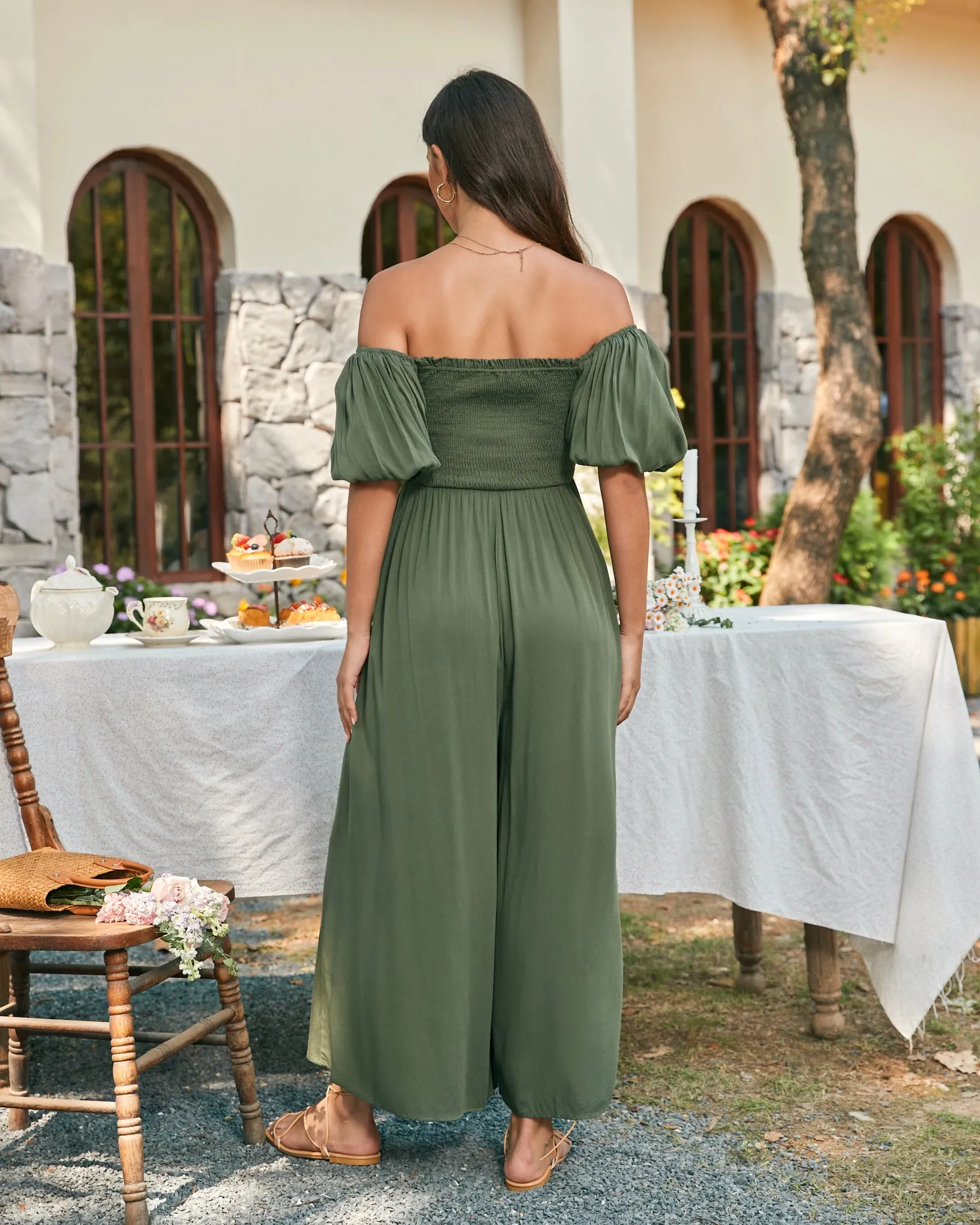 Giselle Khaki Green Puff Sleeve Jumpsuit