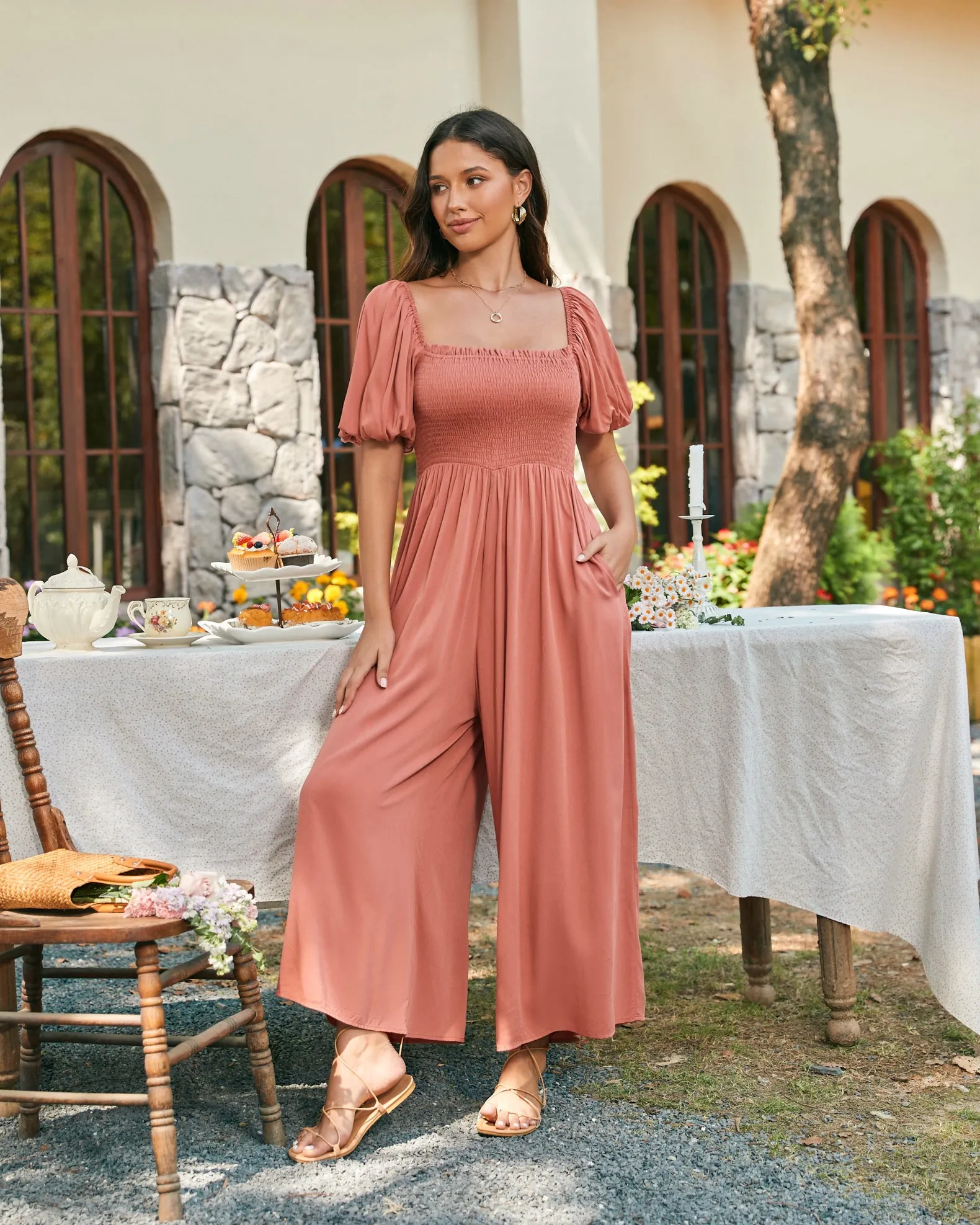 Giselle Terracotta Pink Puff Sleeve Jumpsuit