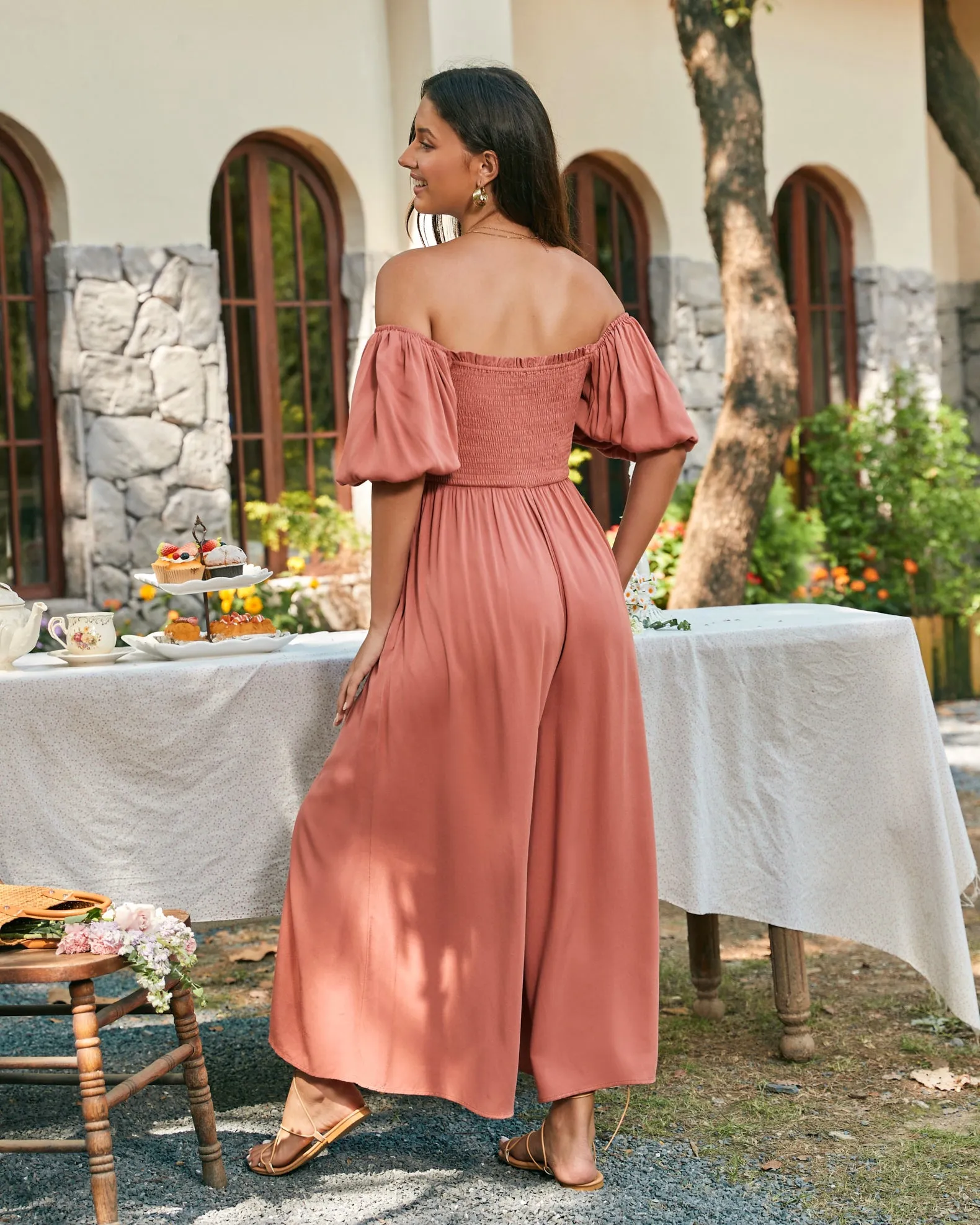 Giselle Terracotta Pink Puff Sleeve Jumpsuit