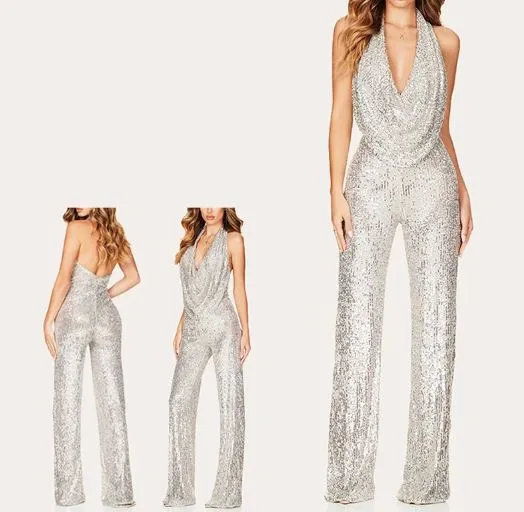 Glitter Sequins Cowl Neck Plunge Jumpsuit