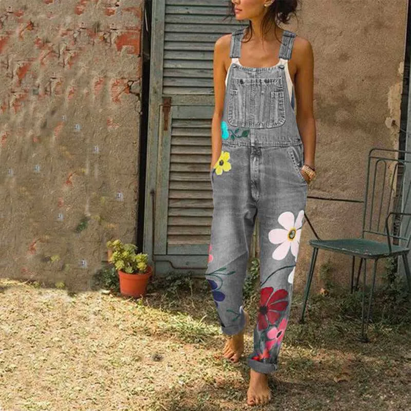 Glow Chic's Floral Print Denim Jumpsuit With Pockets