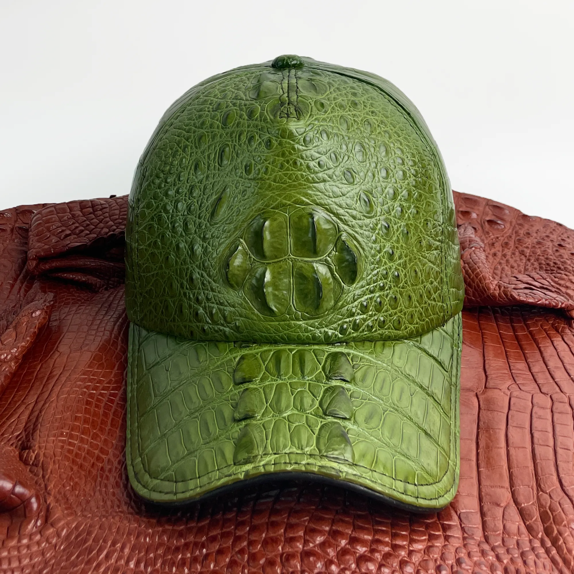 Green Alligator Leather Outdoor Cap | Men Exotic Skin Baseball Cap With Strapback | HAT-GRE-55