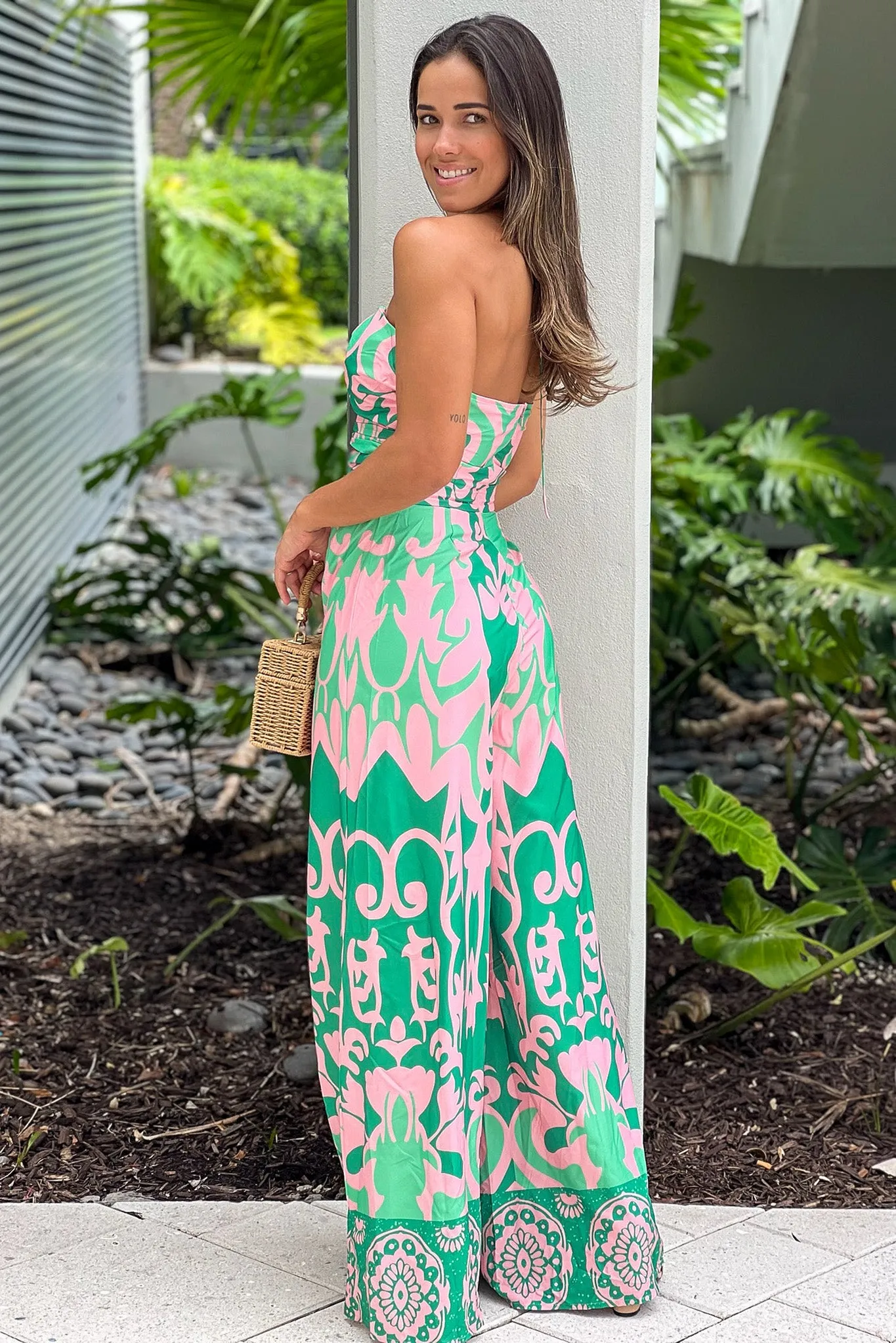 Green And Pink Jumpsuit With Strappy Top