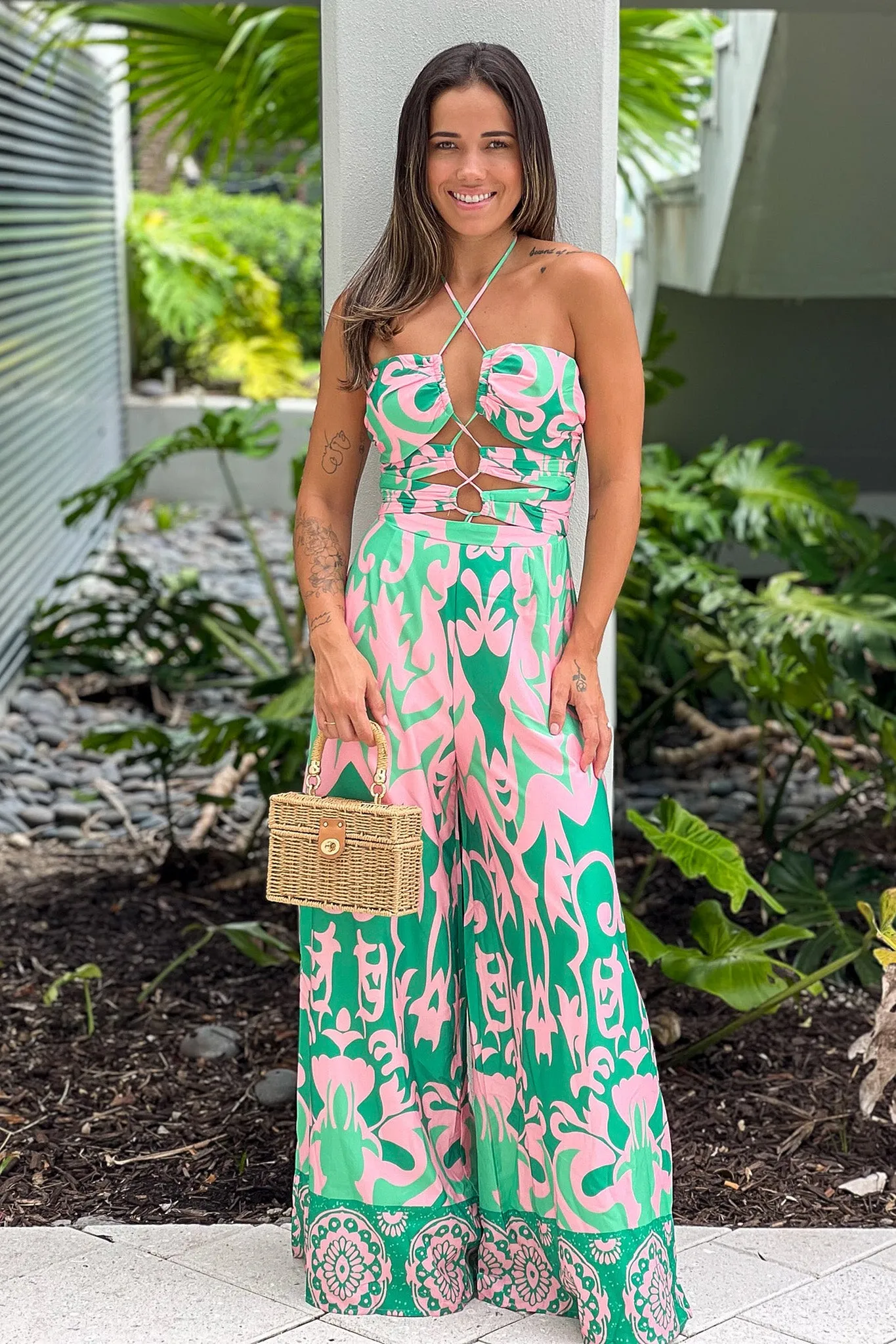 Green And Pink Jumpsuit With Strappy Top