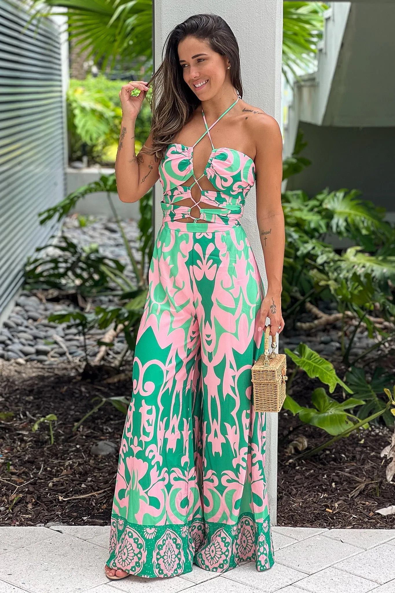 Green And Pink Jumpsuit With Strappy Top