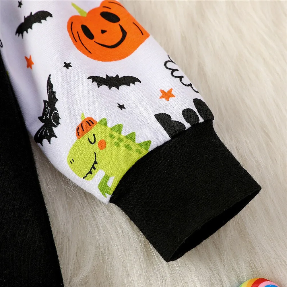 Halloween Baby Allover Raglan Pumpkin Rompers Hooded Jumpsuit For Kids