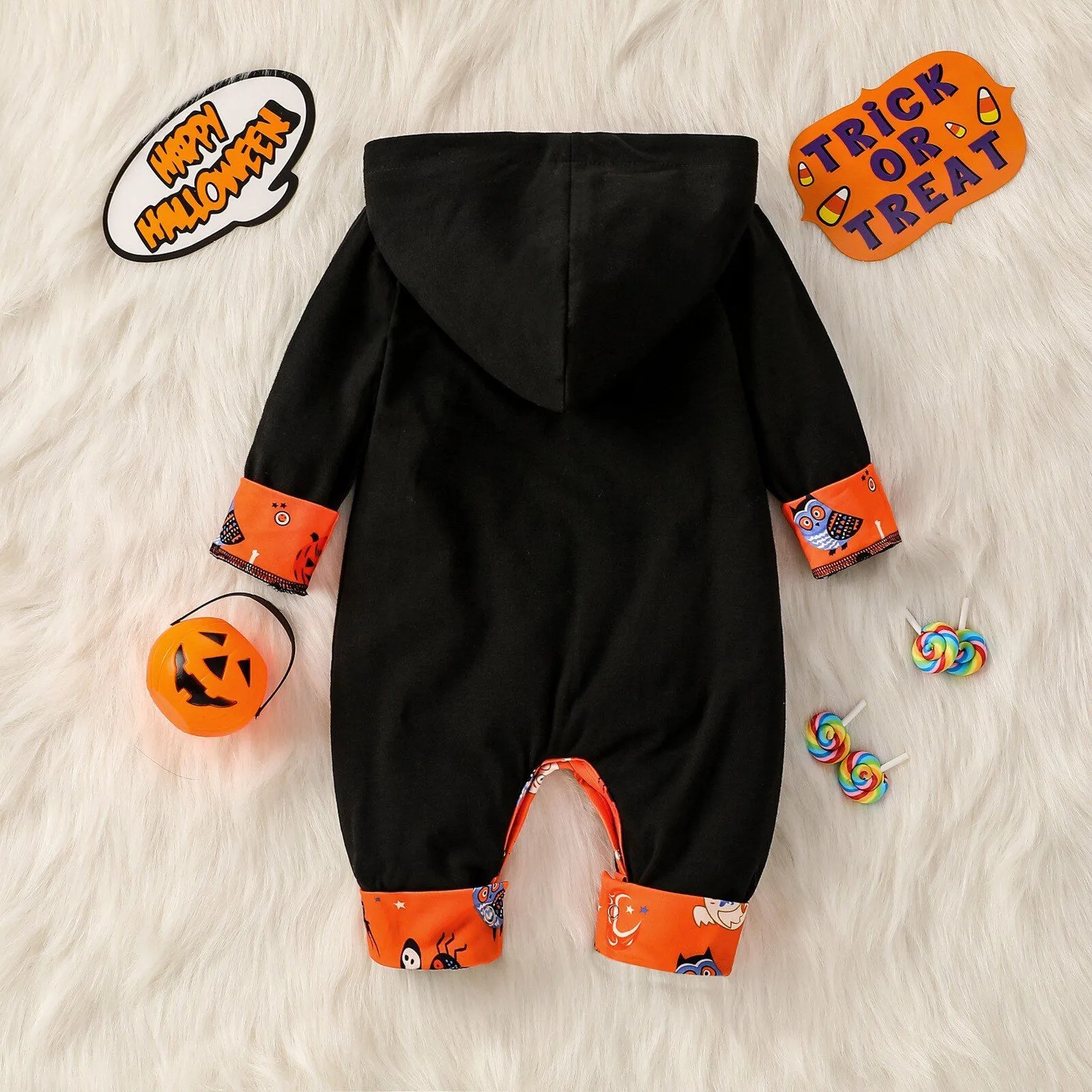 Halloween Baby Allover Raglan Pumpkin Rompers Hooded Jumpsuit For Kids