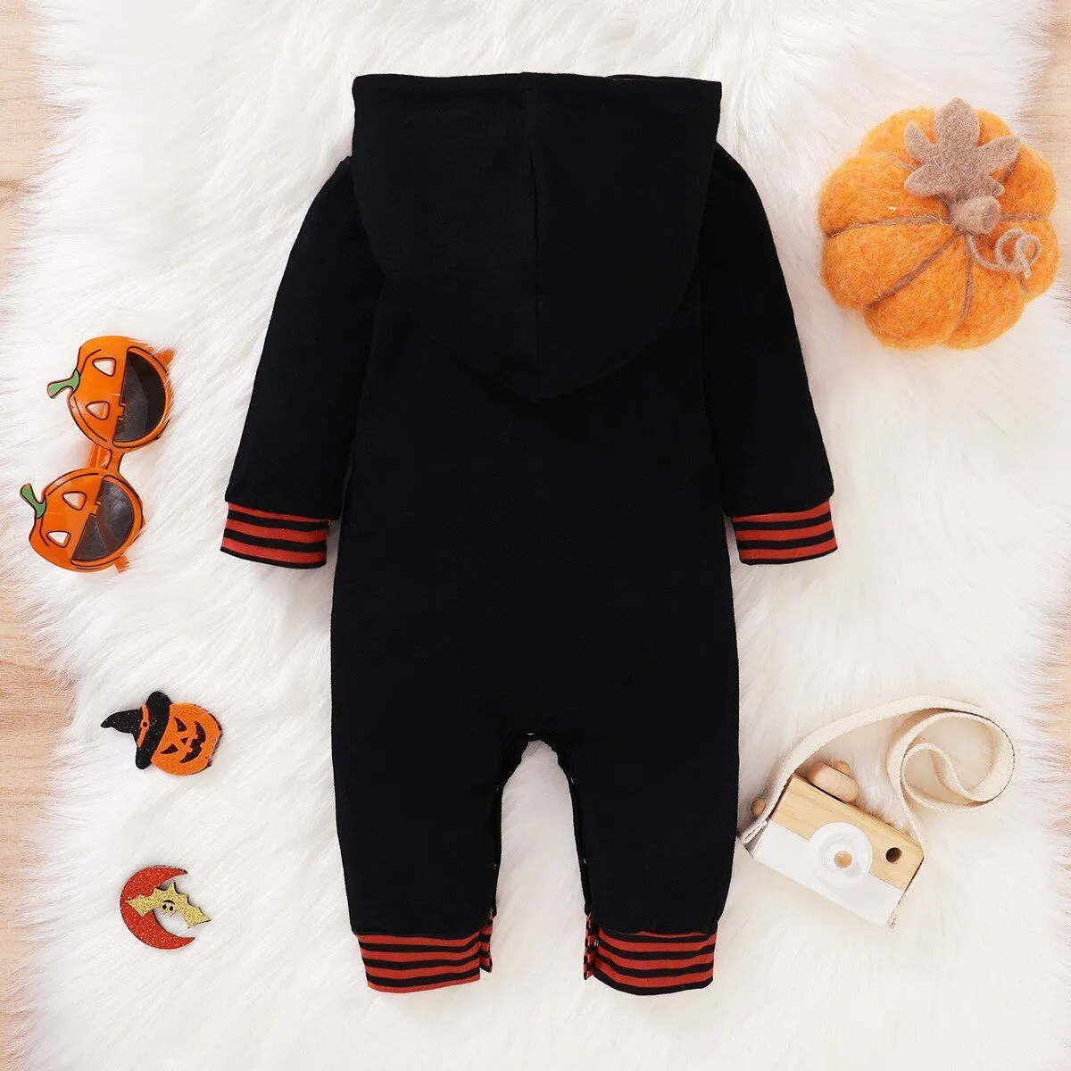 Halloween Baby Allover Raglan Pumpkin Rompers Hooded Jumpsuit For Kids