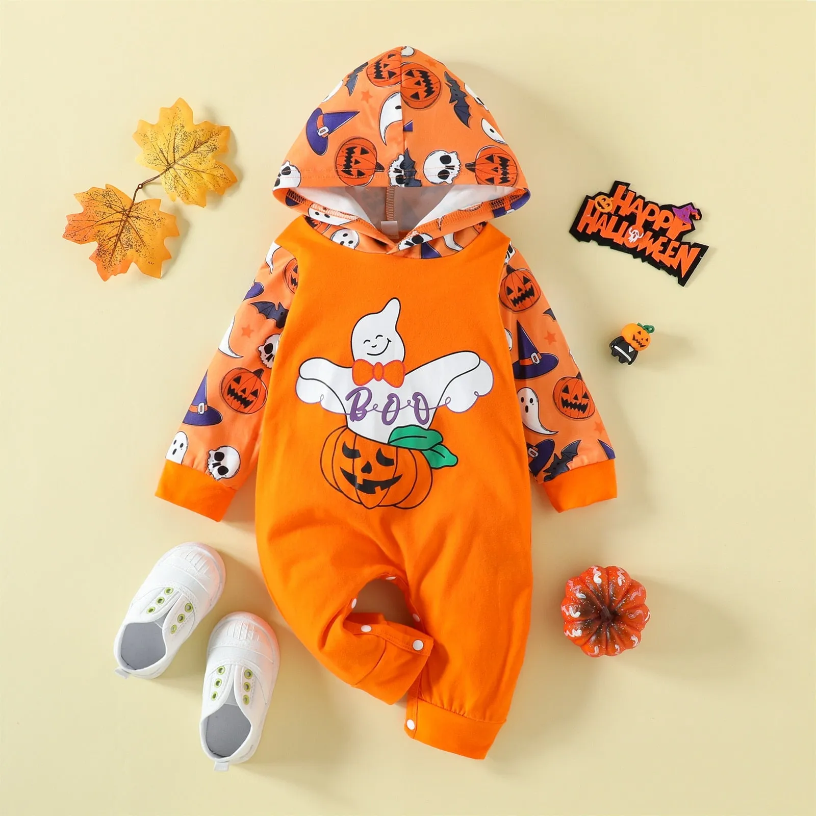 Halloween Baby Allover Raglan Pumpkin Rompers Hooded Jumpsuit For Kids