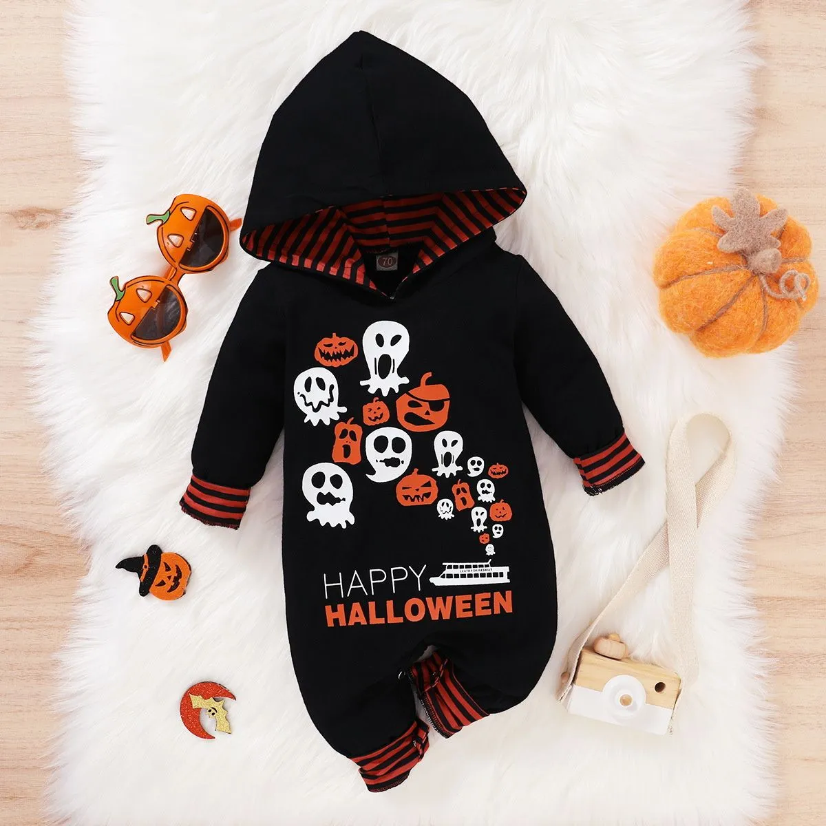 Halloween Baby Allover Raglan Pumpkin Rompers Hooded Jumpsuit For Kids