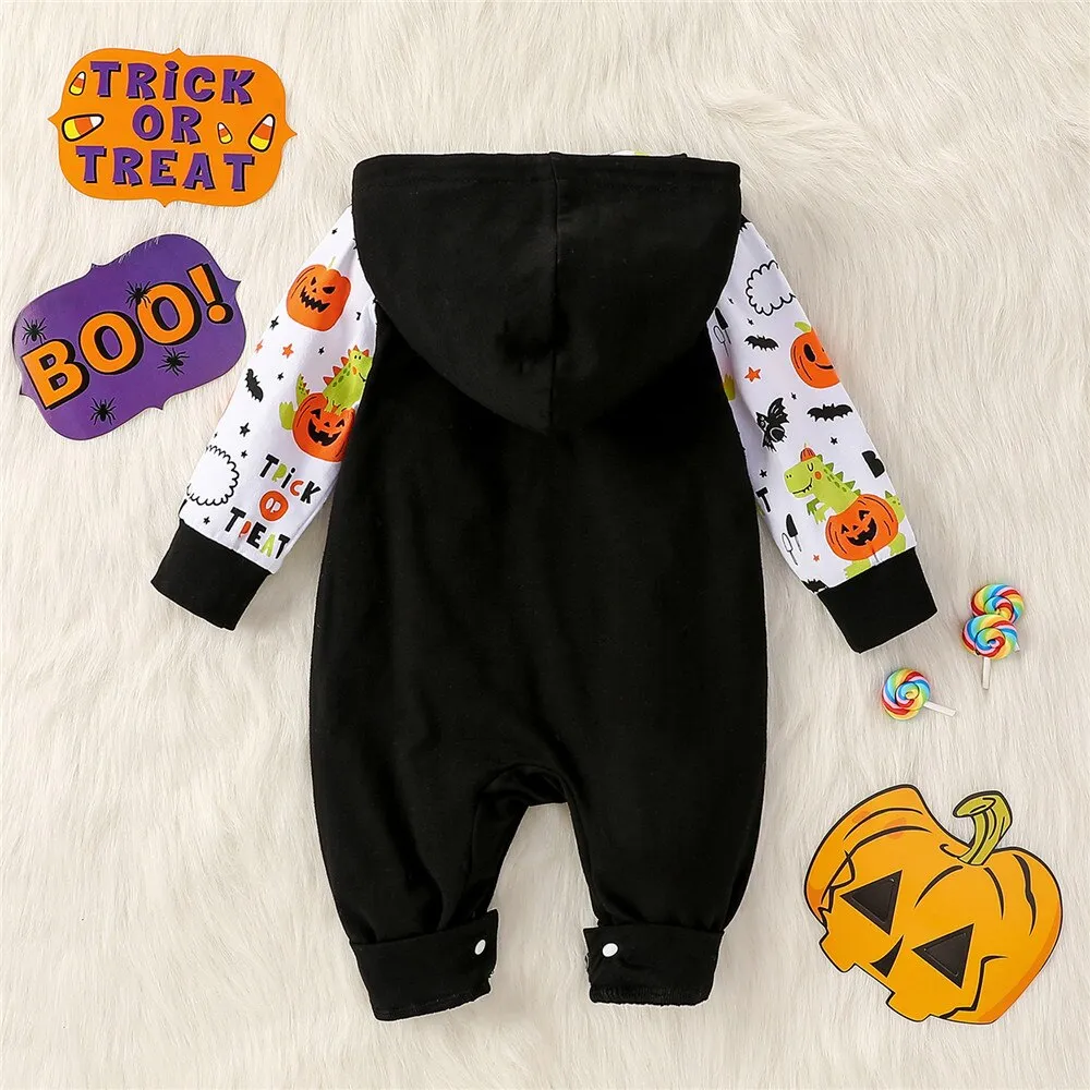 Halloween Baby Allover Raglan Pumpkin Rompers Hooded Jumpsuit For Kids