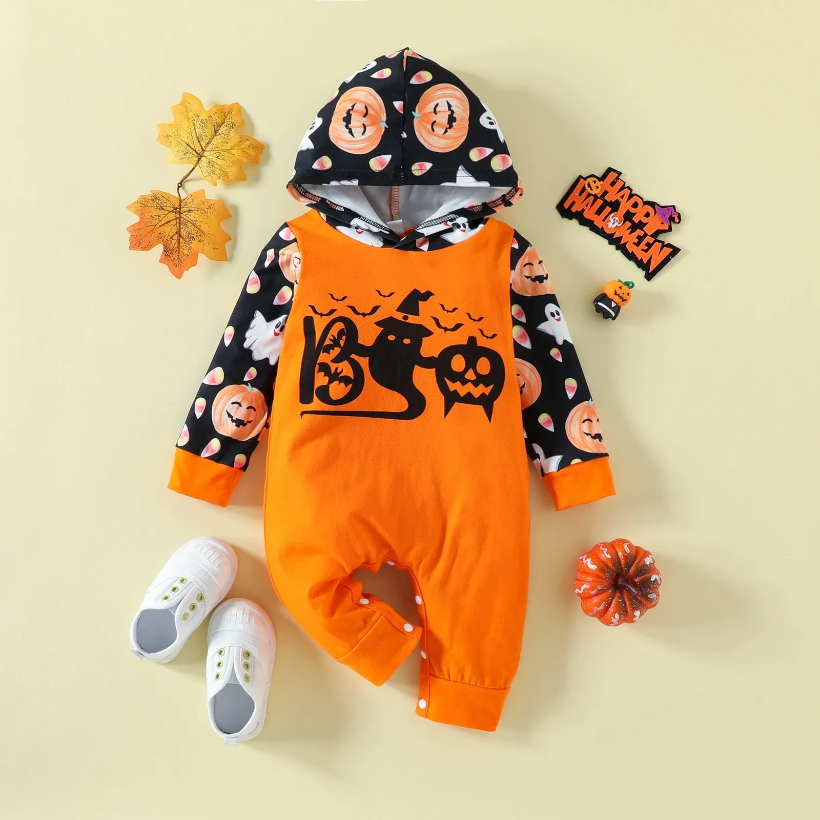 Halloween Baby Allover Raglan Pumpkin Rompers Hooded Jumpsuit For Kids