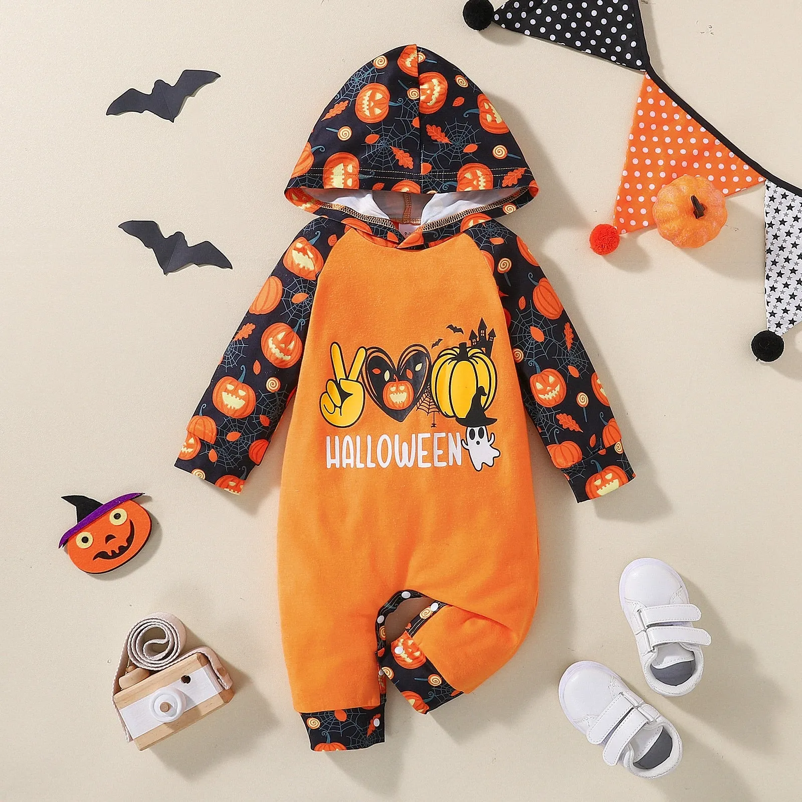 Halloween Baby Allover Raglan Pumpkin Rompers Hooded Jumpsuit For Kids