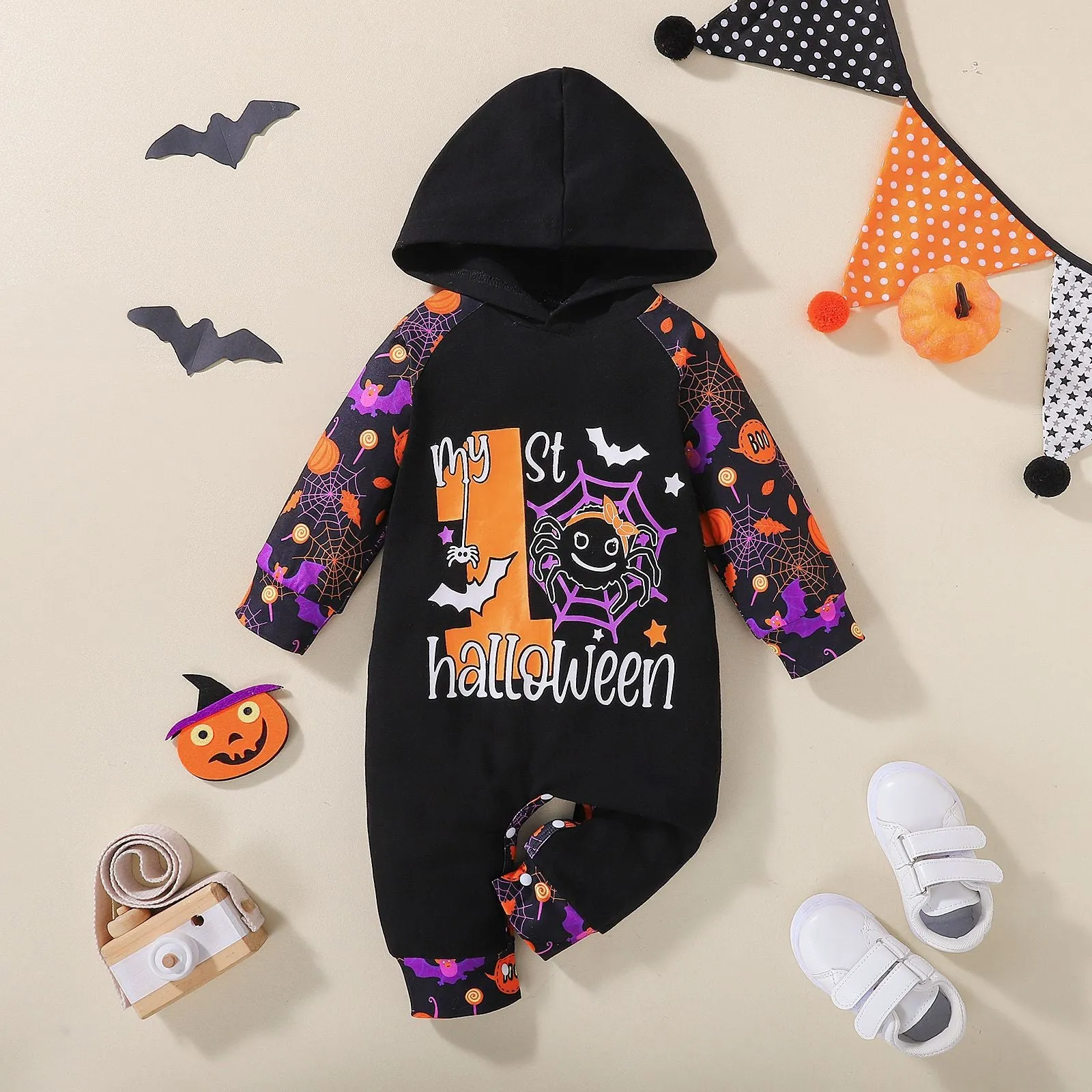 Halloween Baby Allover Raglan Pumpkin Rompers Hooded Jumpsuit For Kids