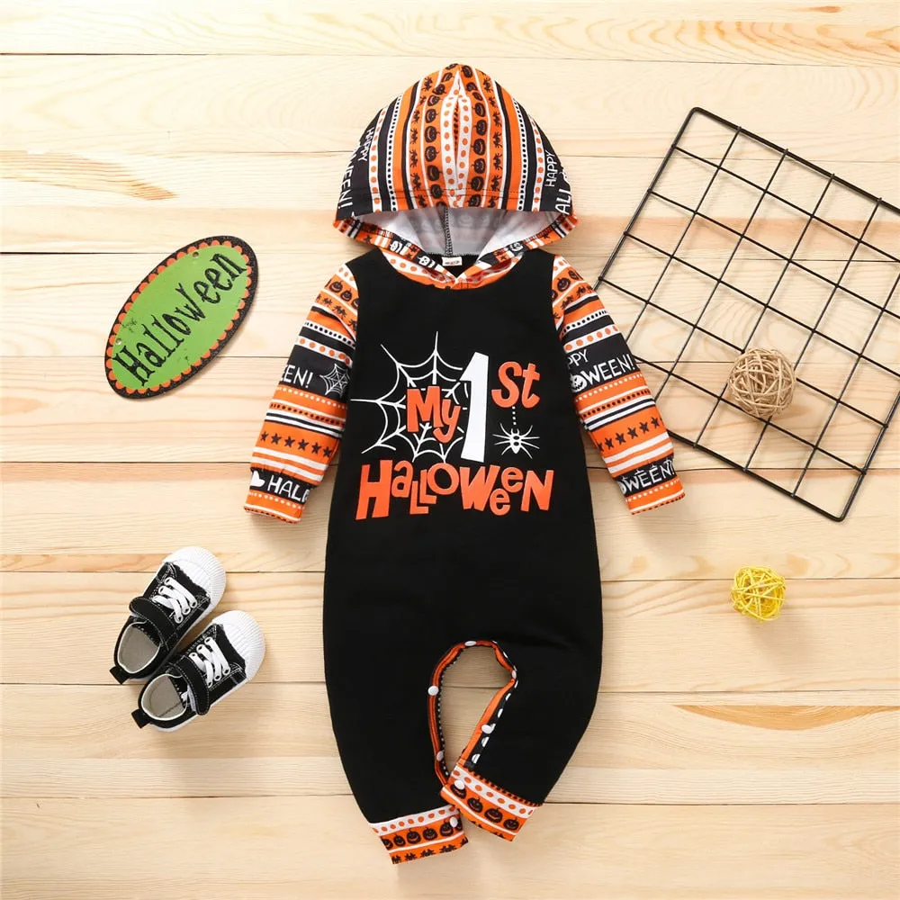 Halloween Baby Allover Raglan Pumpkin Rompers Hooded Jumpsuit For Kids