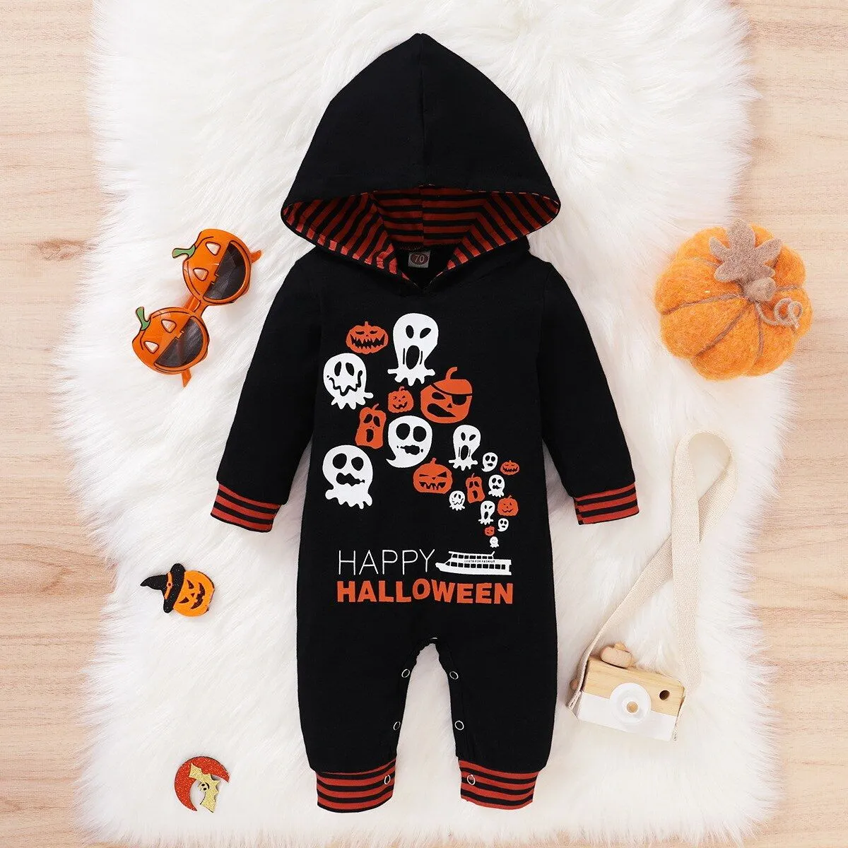 Halloween Baby Allover Raglan Pumpkin Rompers Hooded Jumpsuit For Kids