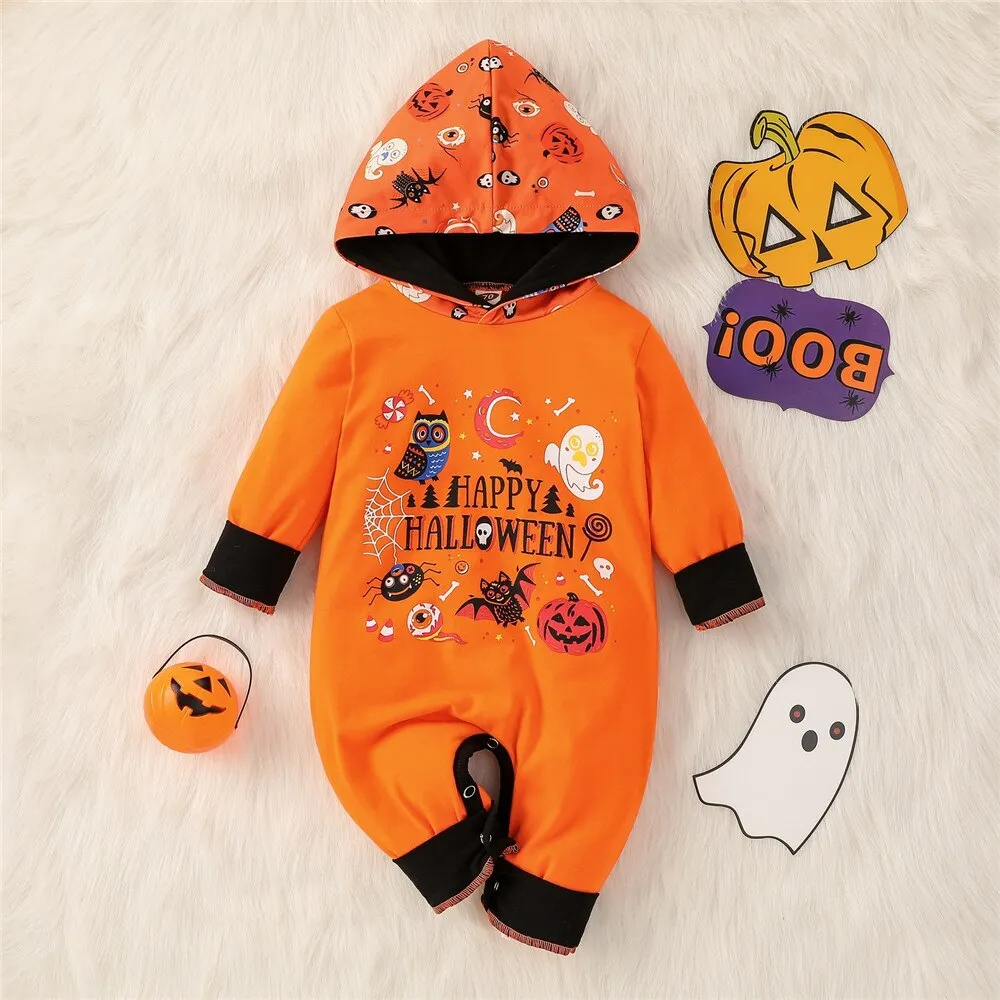 Halloween Baby Allover Raglan Pumpkin Rompers Hooded Jumpsuit For Kids