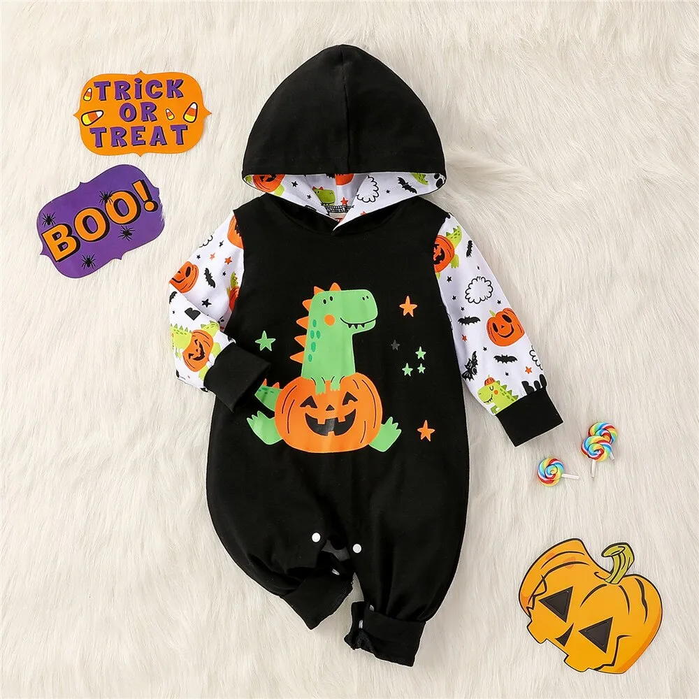 Halloween Baby Allover Raglan Pumpkin Rompers Hooded Jumpsuit For Kids