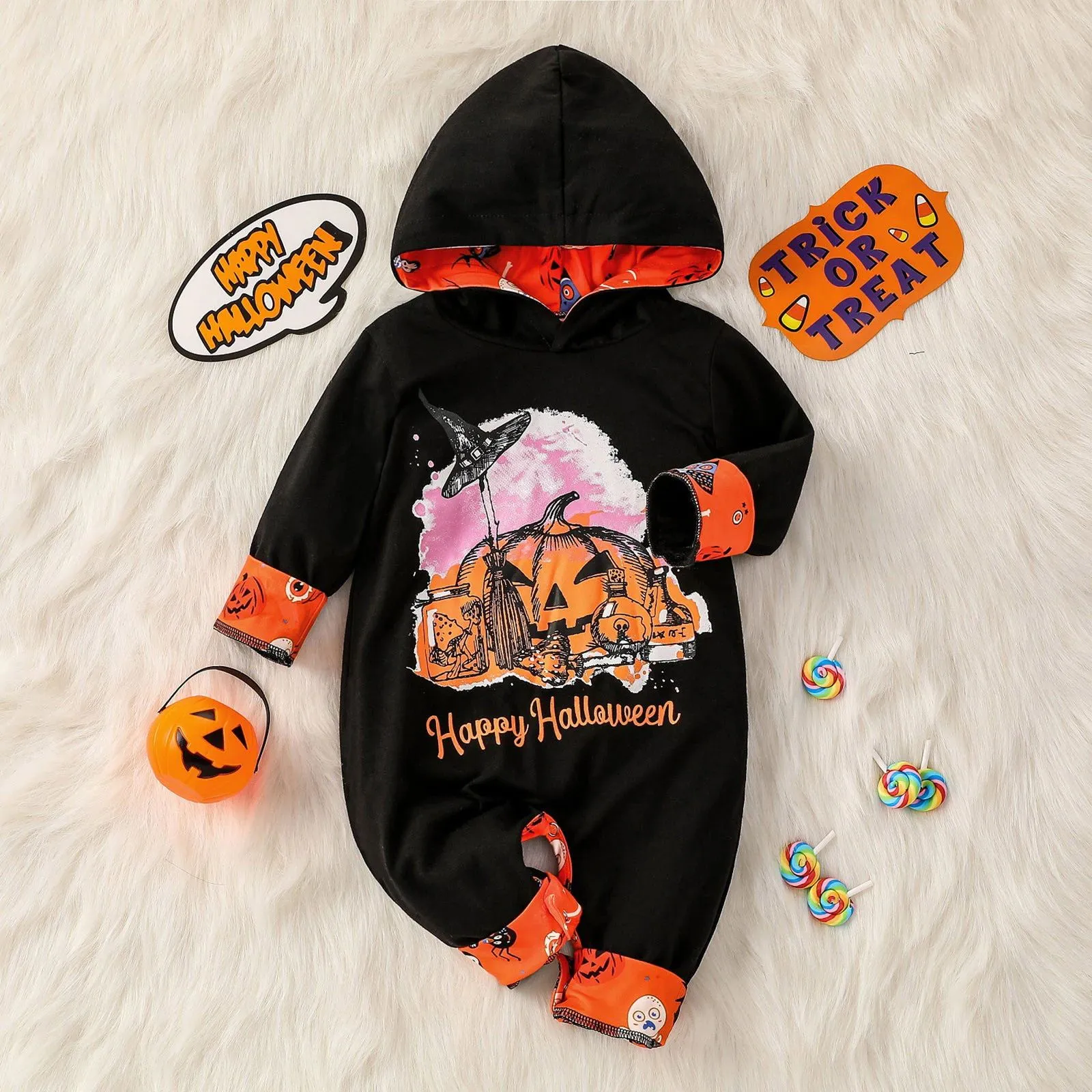 Halloween Baby Allover Raglan Pumpkin Rompers Hooded Jumpsuit For Kids