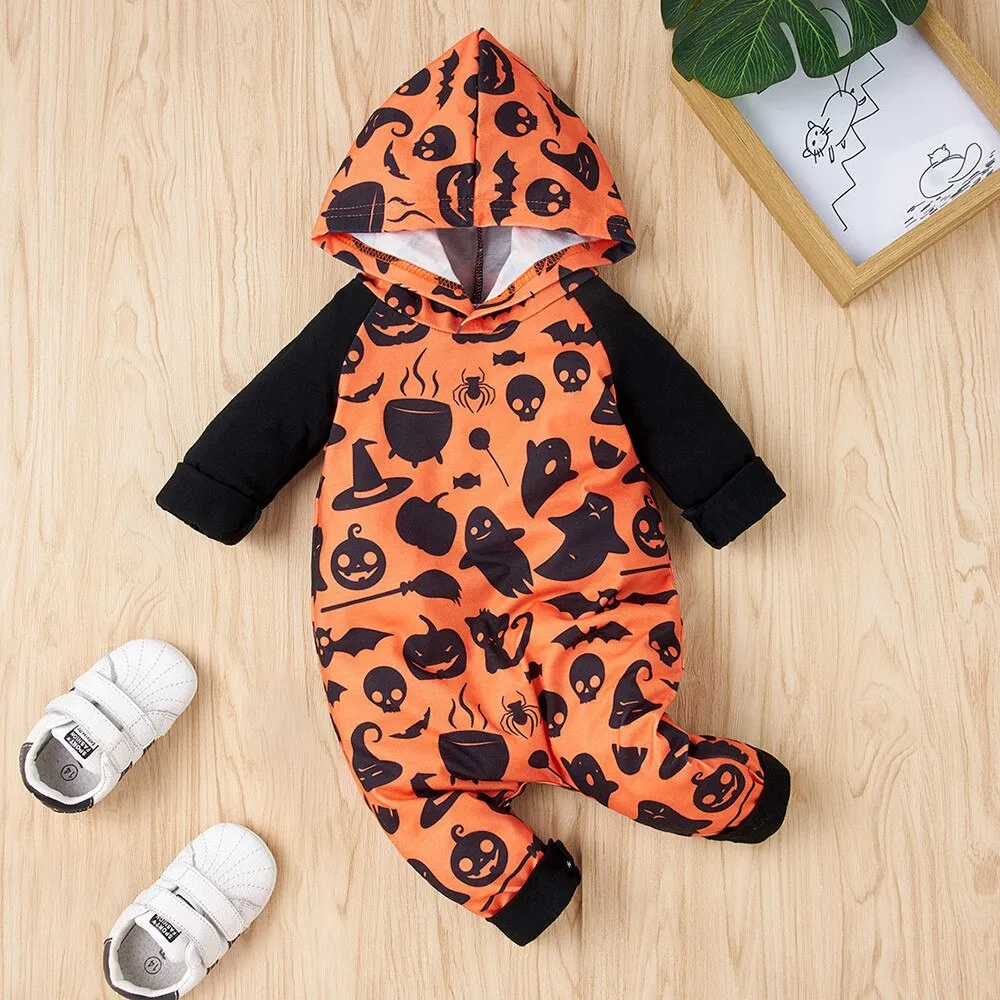 Halloween Baby Allover Raglan Pumpkin Rompers Hooded Jumpsuit For Kids