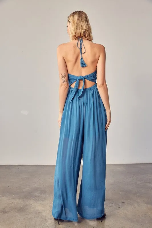 HALTER NECK BACK TIE JUMPSUIT