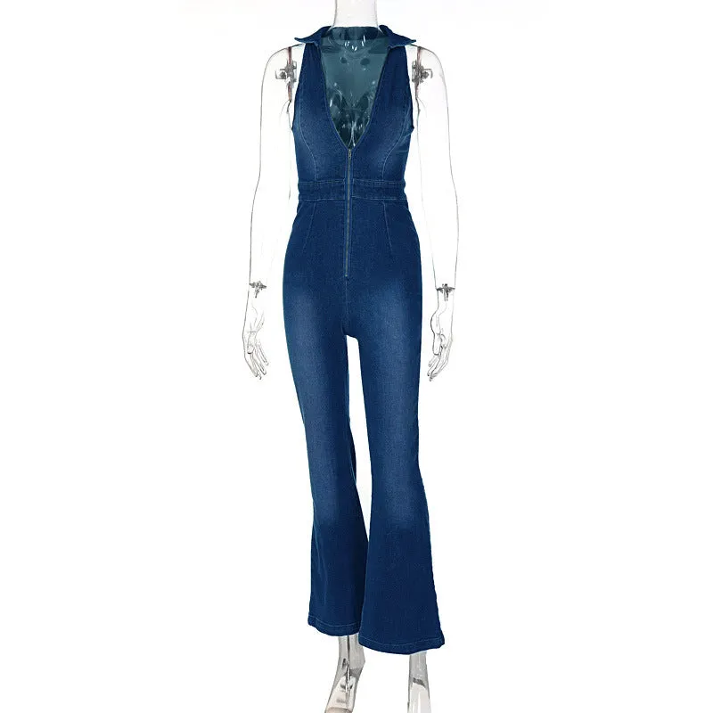 Halterneck Bootcut Stretchy Denim Jumpsuit