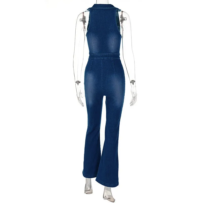 Halterneck Bootcut Stretchy Denim Jumpsuit