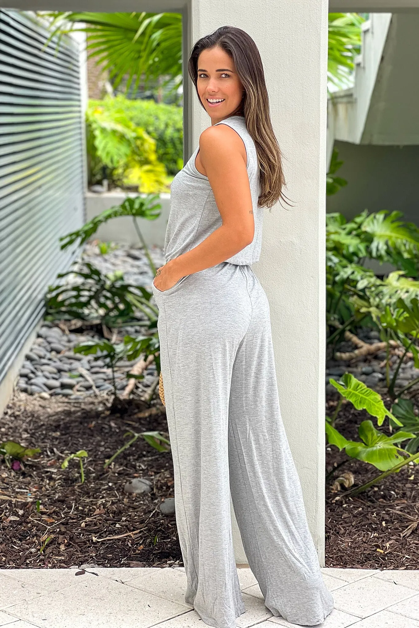 Heather Gray Sleeveless Jumpsuit With Pockets