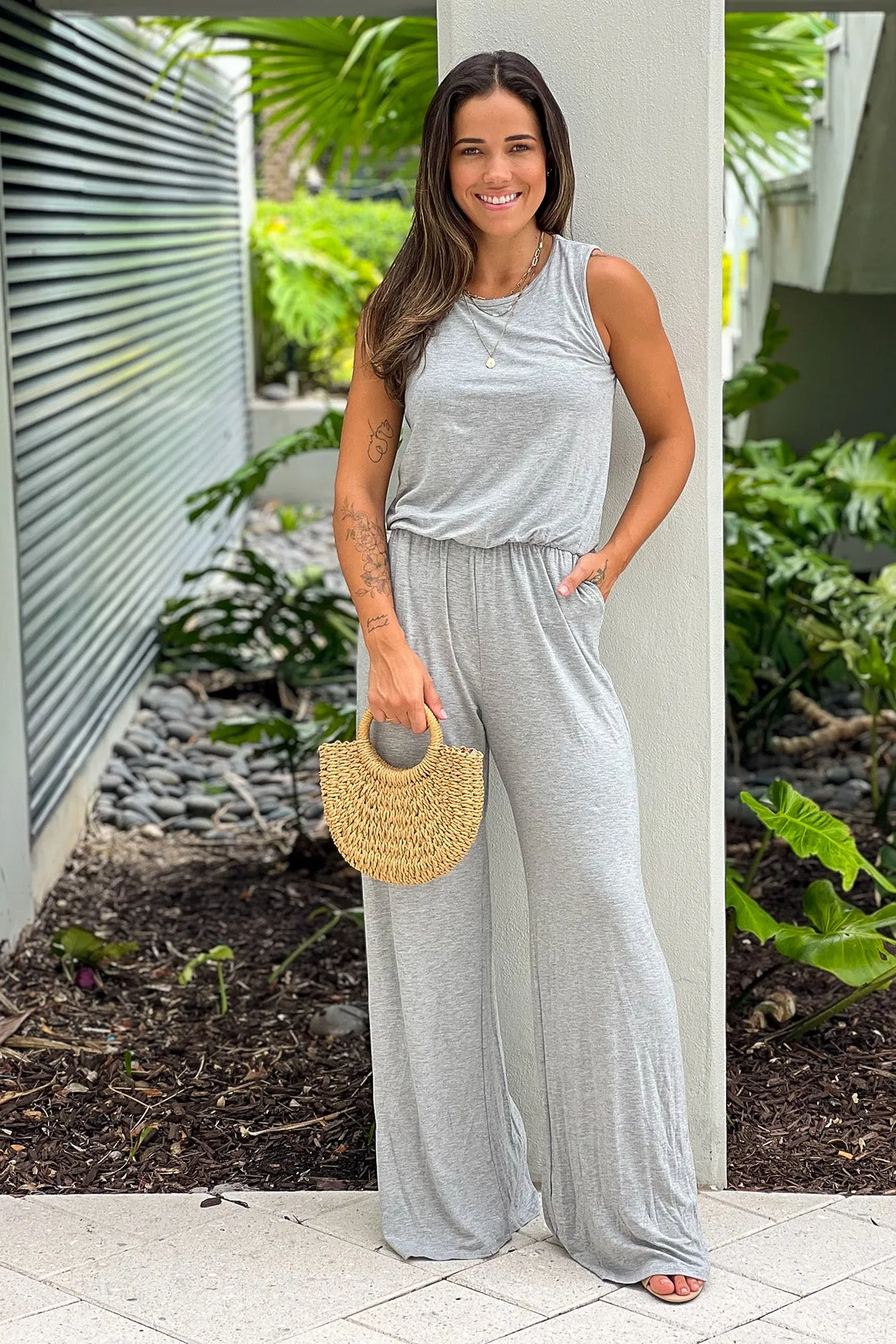 Heather Gray Sleeveless Jumpsuit With Pockets