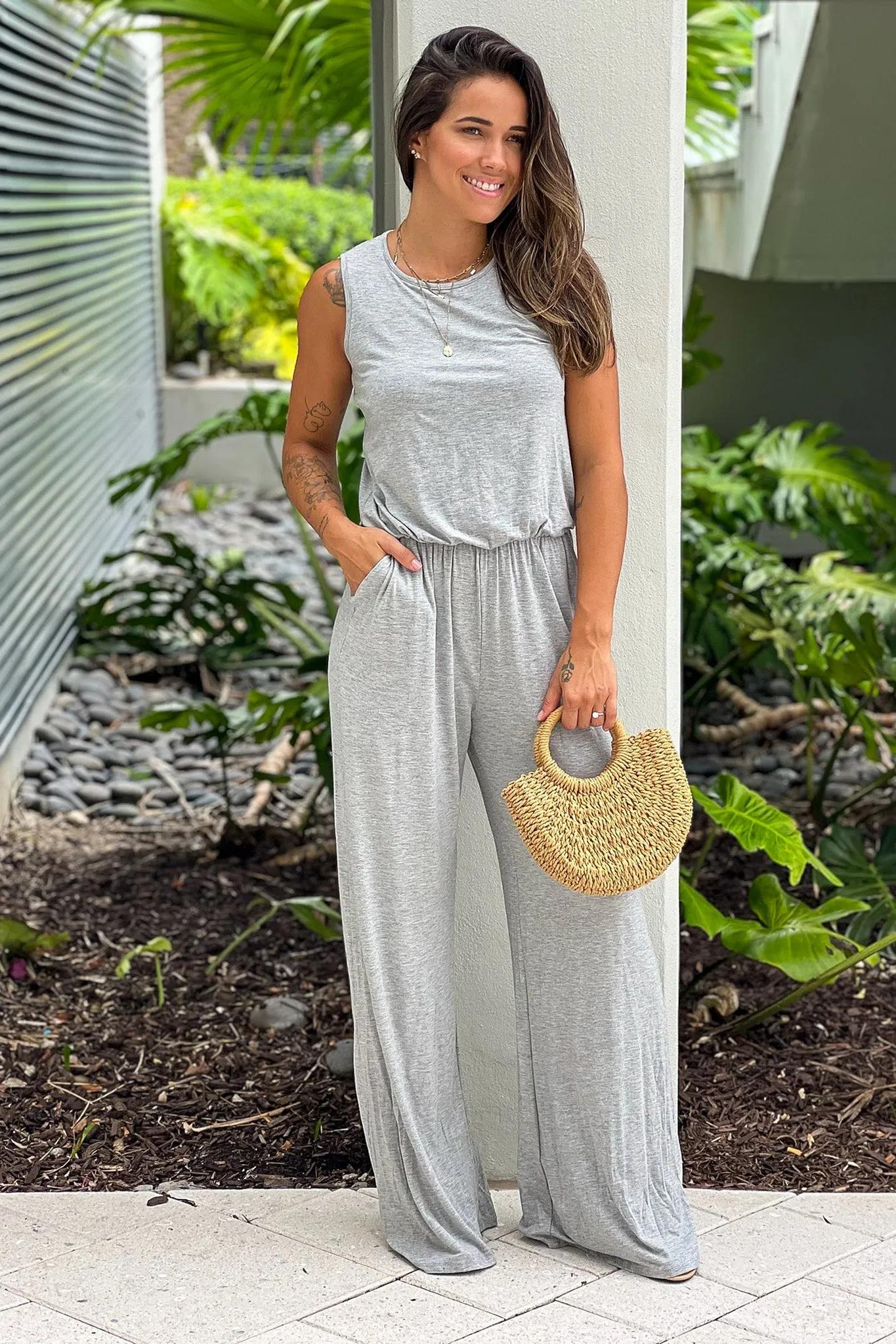 Heather Gray Sleeveless Jumpsuit With Pockets