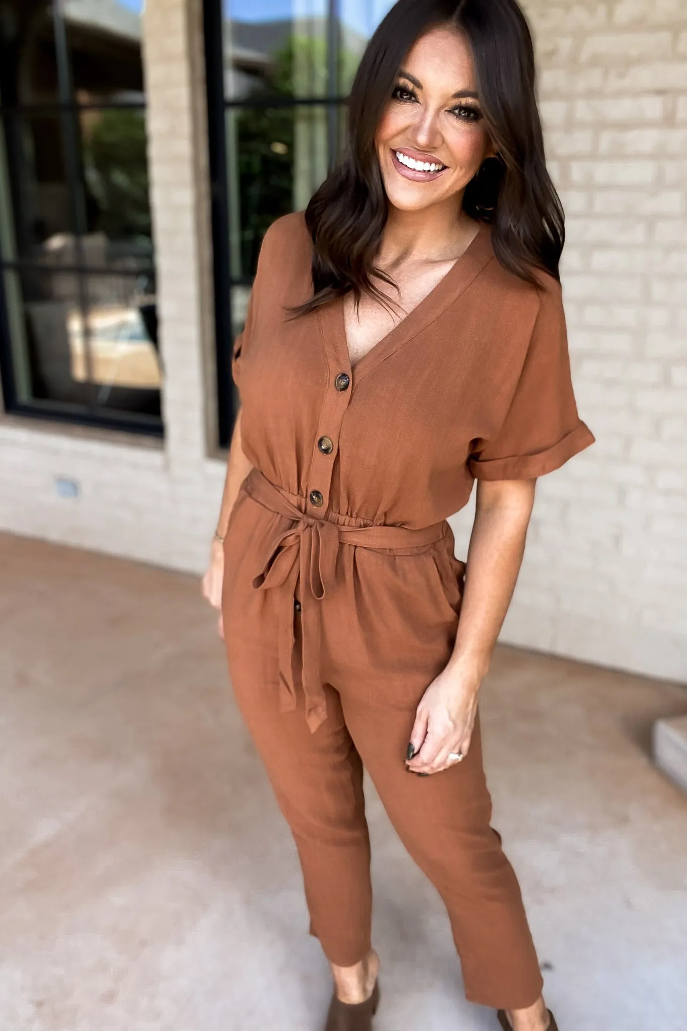 Here Forever Camel V-Neck Short Sleeve Jumpsuit