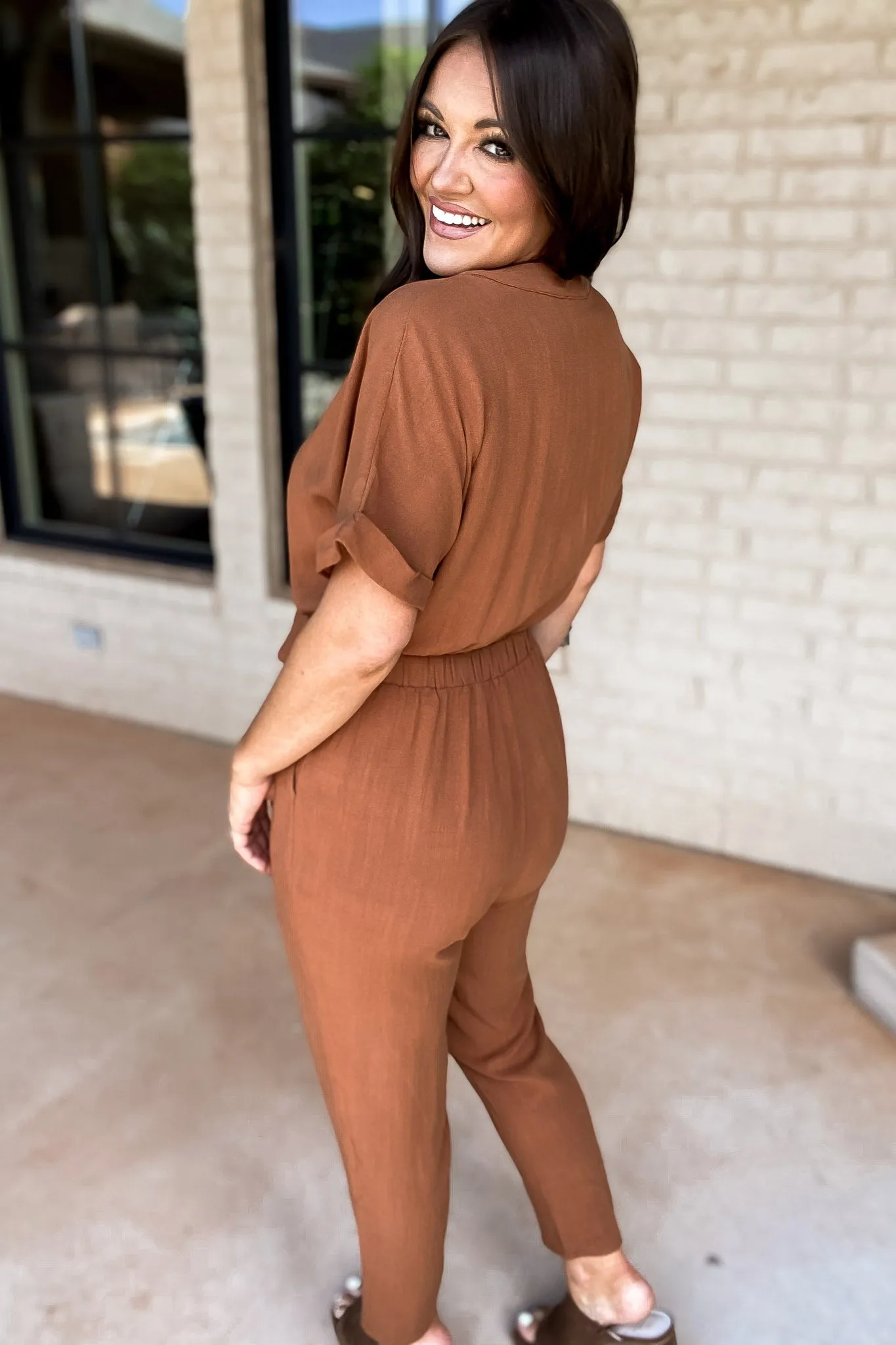 Here Forever Camel V-Neck Short Sleeve Jumpsuit