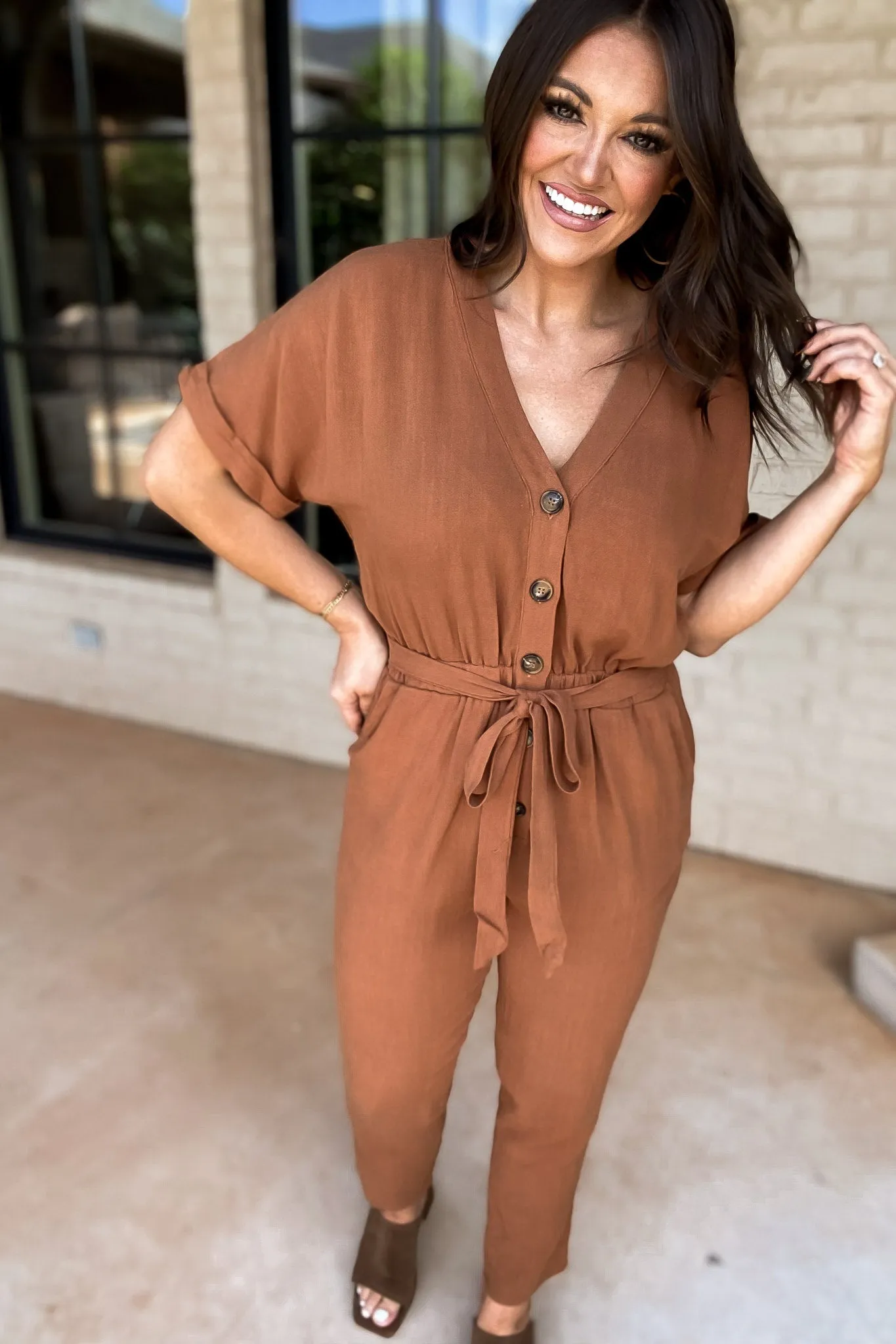 Here Forever Camel V-Neck Short Sleeve Jumpsuit