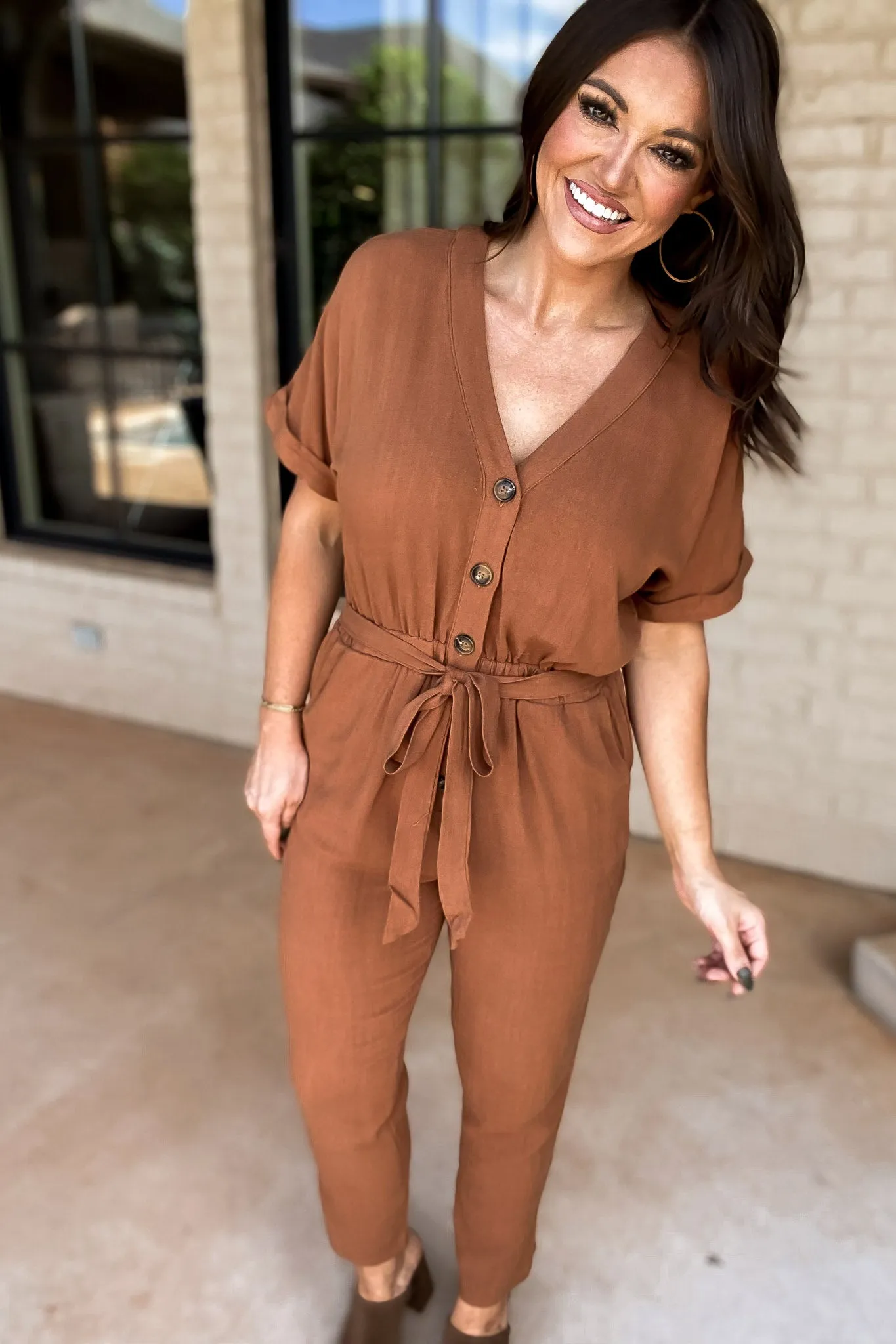 Here Forever Camel V-Neck Short Sleeve Jumpsuit