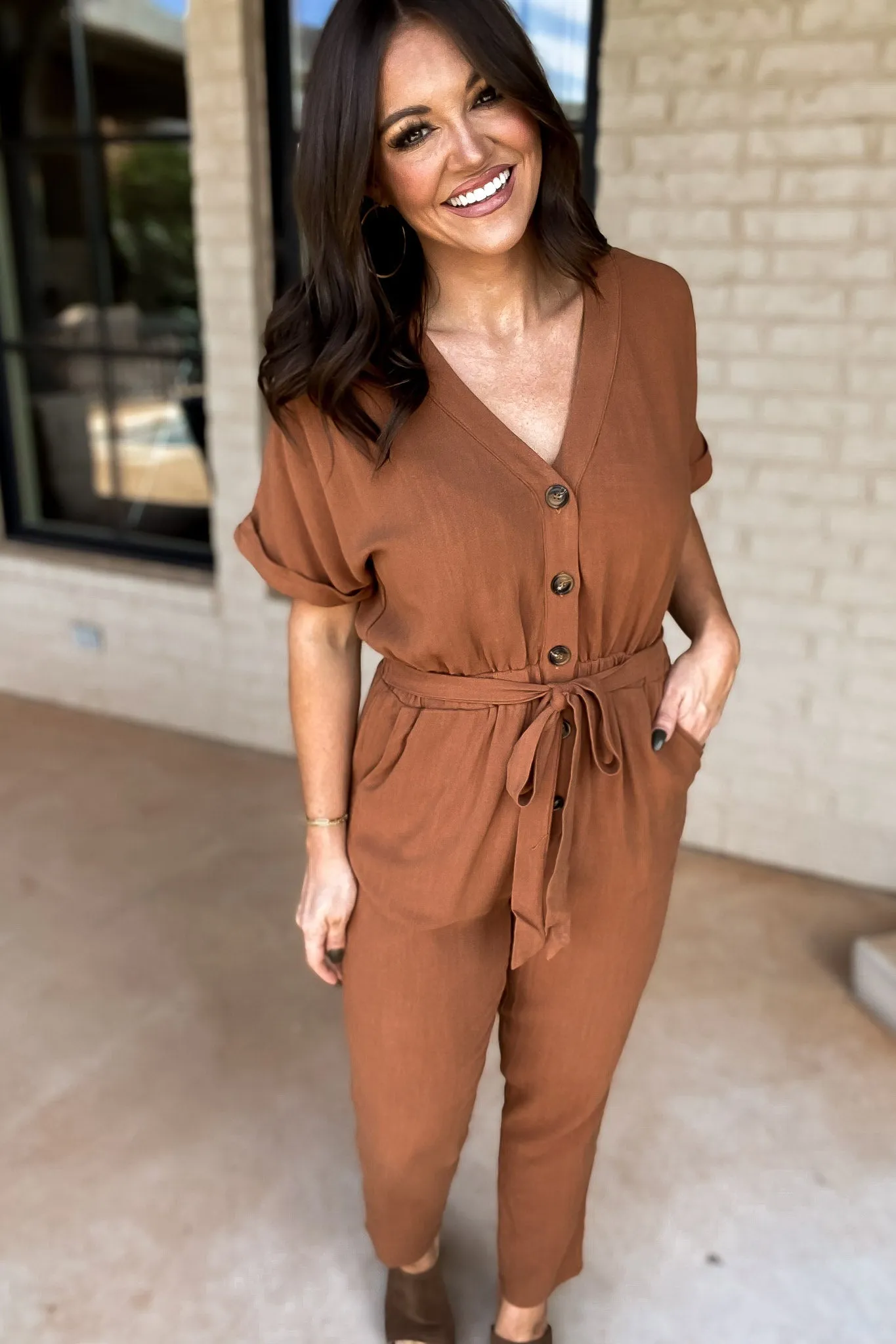 Here Forever Camel V-Neck Short Sleeve Jumpsuit