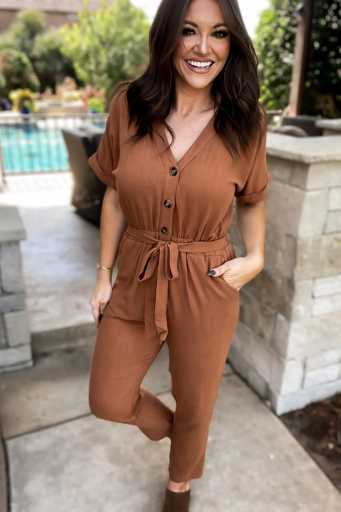 Here Forever Camel V-Neck Short Sleeve Jumpsuit