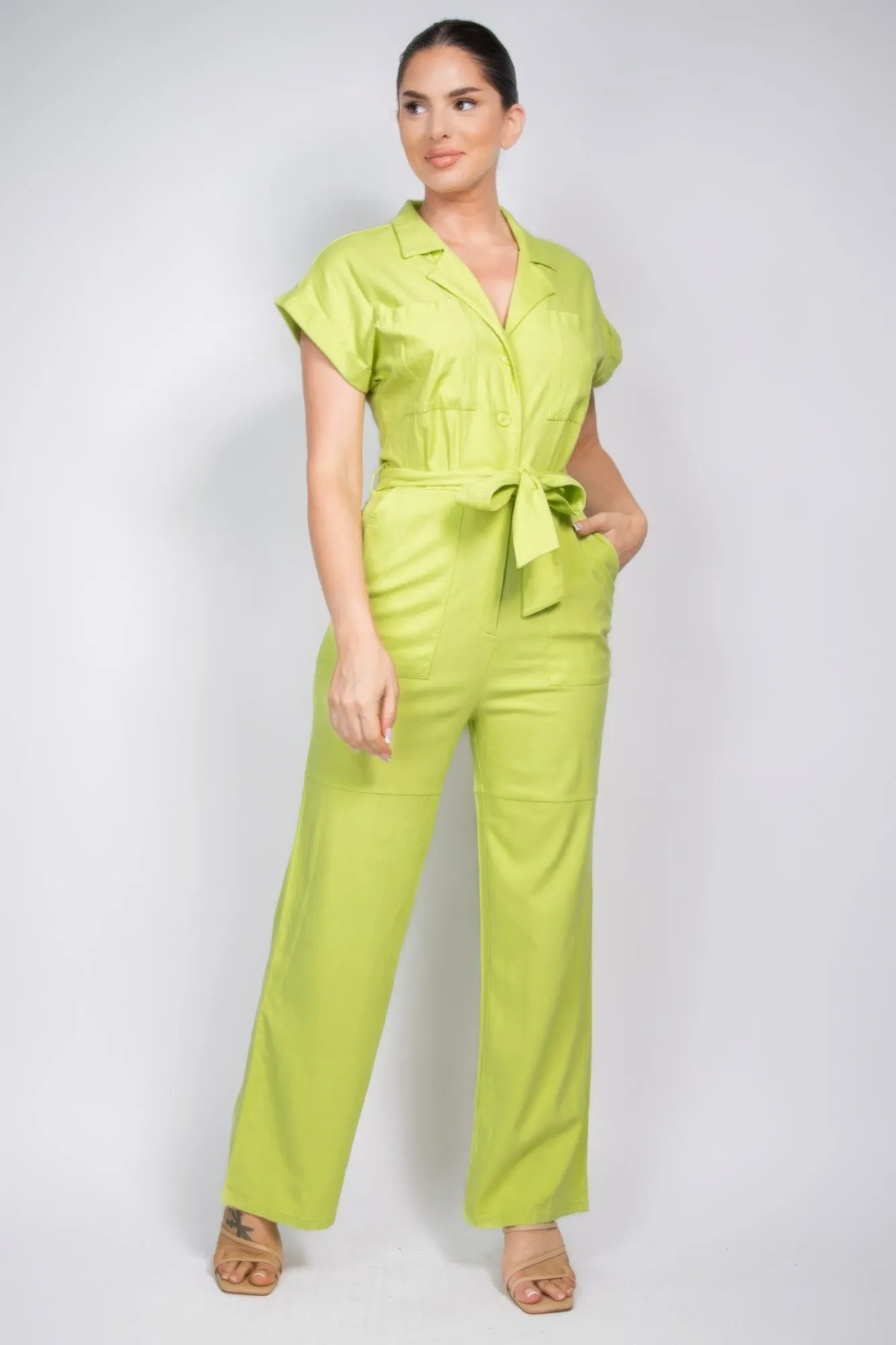 Hot Girl Belted Button-Down Linen Jumpsuit In Lime