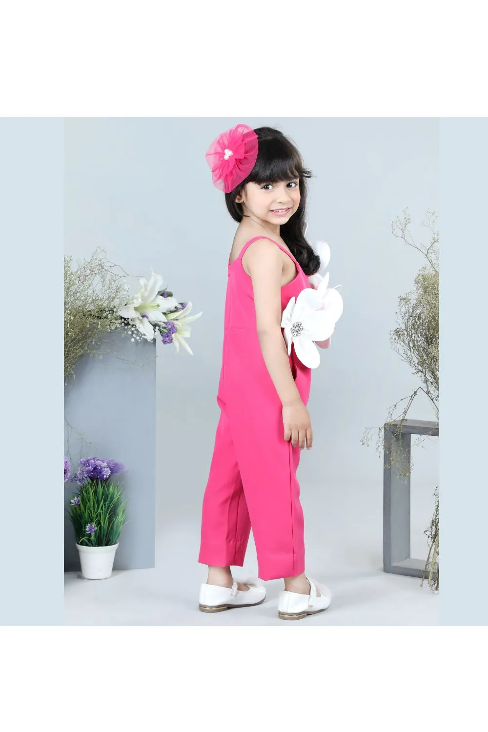 Hot Pink 3D Flower Embellished Crepe Sleeveless Jumpsuit