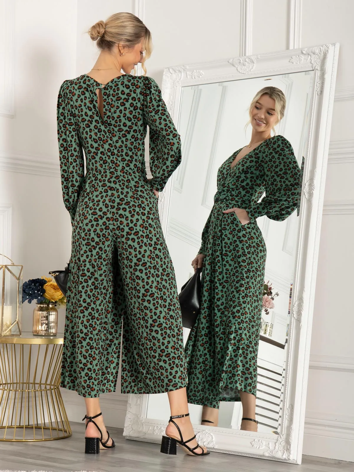 Jolie Moi Kylie Long Sleeve Jumpsuit, Green Animal