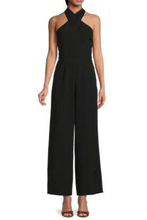 Julia Jordan Stretch Criss Cross Halter Neckline Sleeveless Crepe Jumpsuit With Pockets - Wholesale