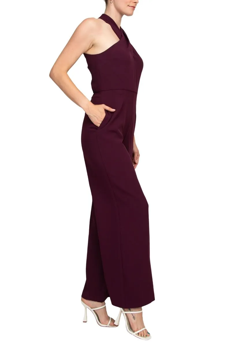 Julia Jordan Stretch Criss Cross Halter Neckline Sleeveless Crepe Jumpsuit With Pockets - Wholesale