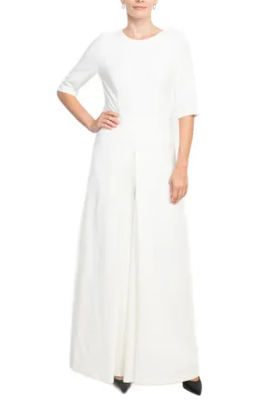 Kay Unger jewel neck elbow sleeve pleated front fitted bodice wide legs zipper back scuba crepe jumpsuit