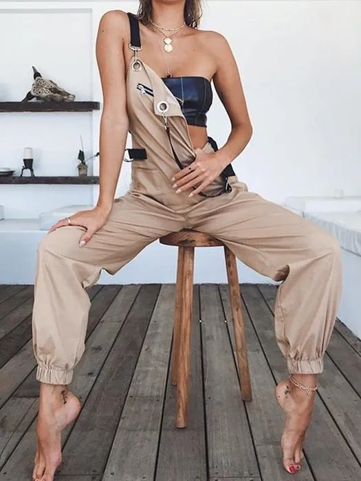 Khaki Zipper Bib with Pockets Fashion Casual Sexy Long Jumpsuits