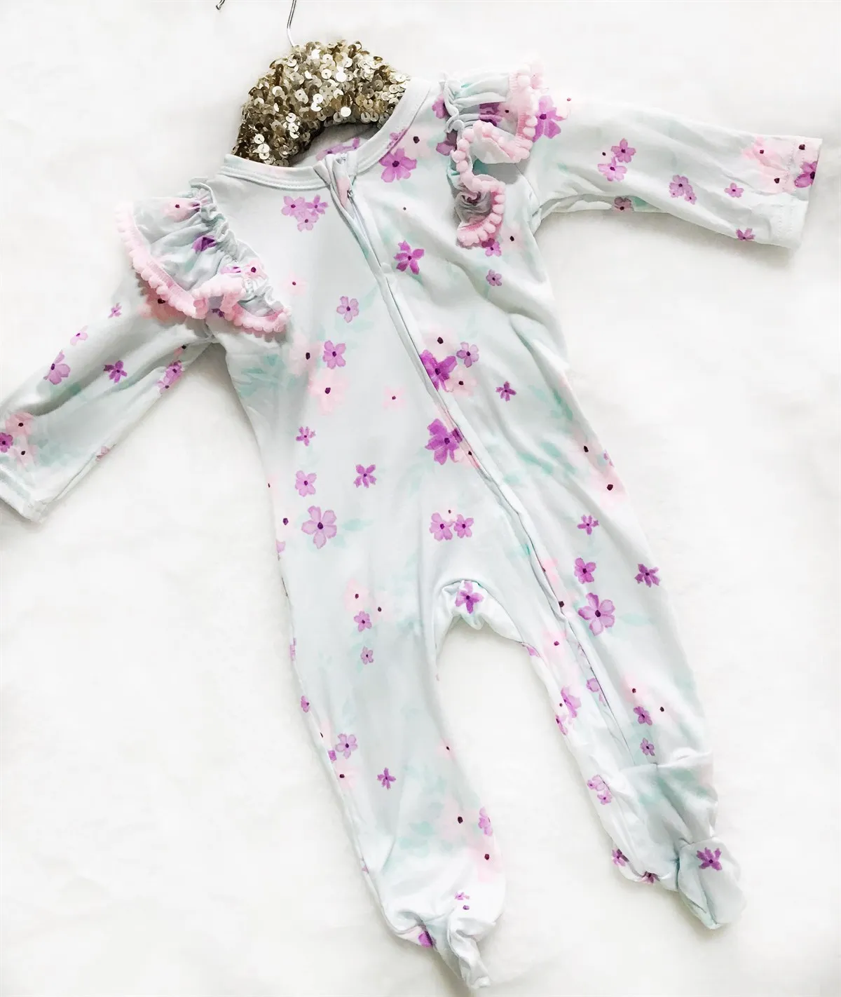 Kryssi Kouture Sienna Tutu Jumpsuit - Aqua & Purple Floral Pom Rompers