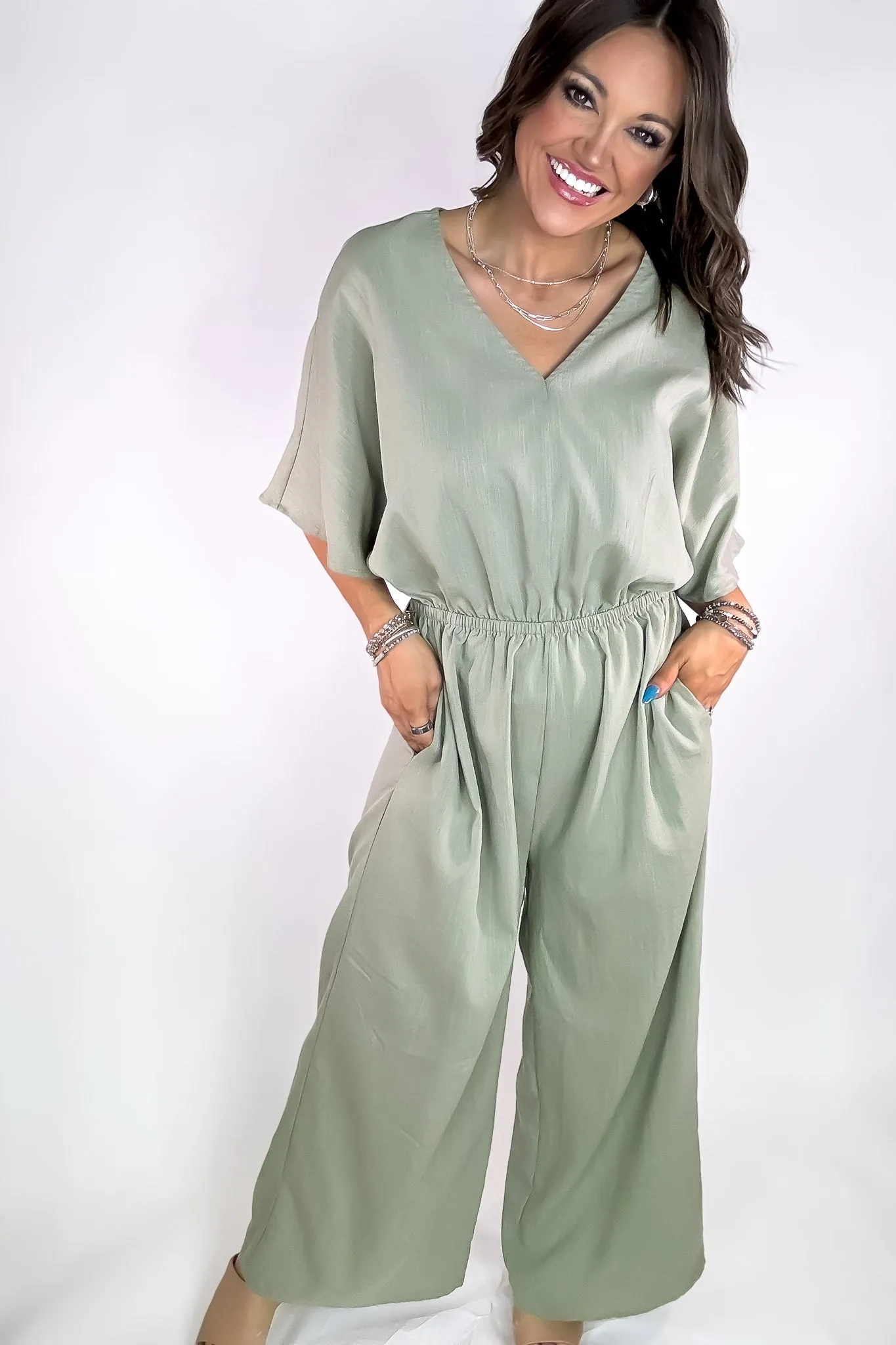 Light Olive V-neck Cinched Waist Wide Leg Jumpsuit