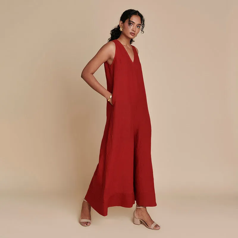 Linen Flared Jumpsuit | Flared Bottom | Red