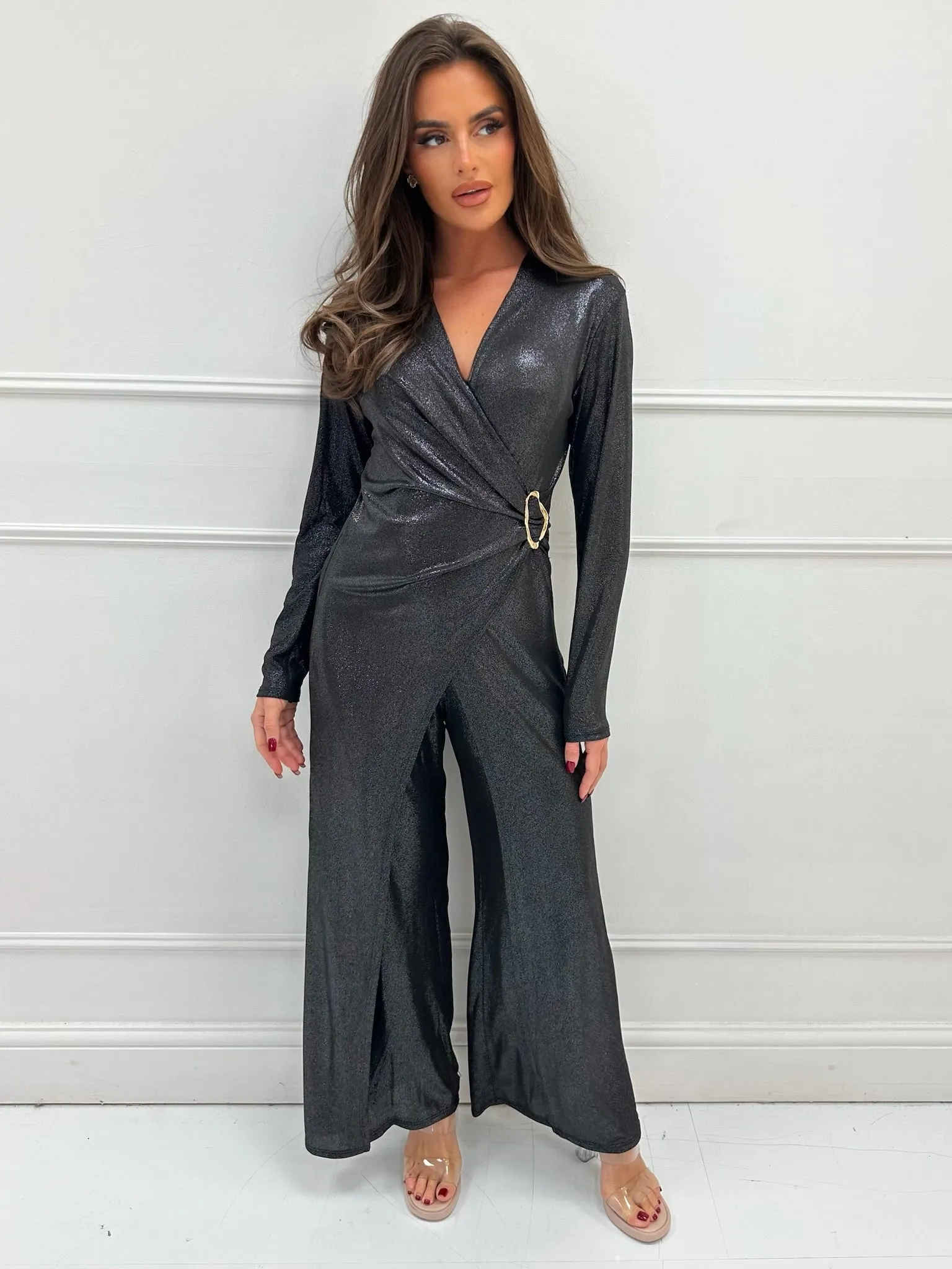 Maggie black shimmer buckle jumpsuit